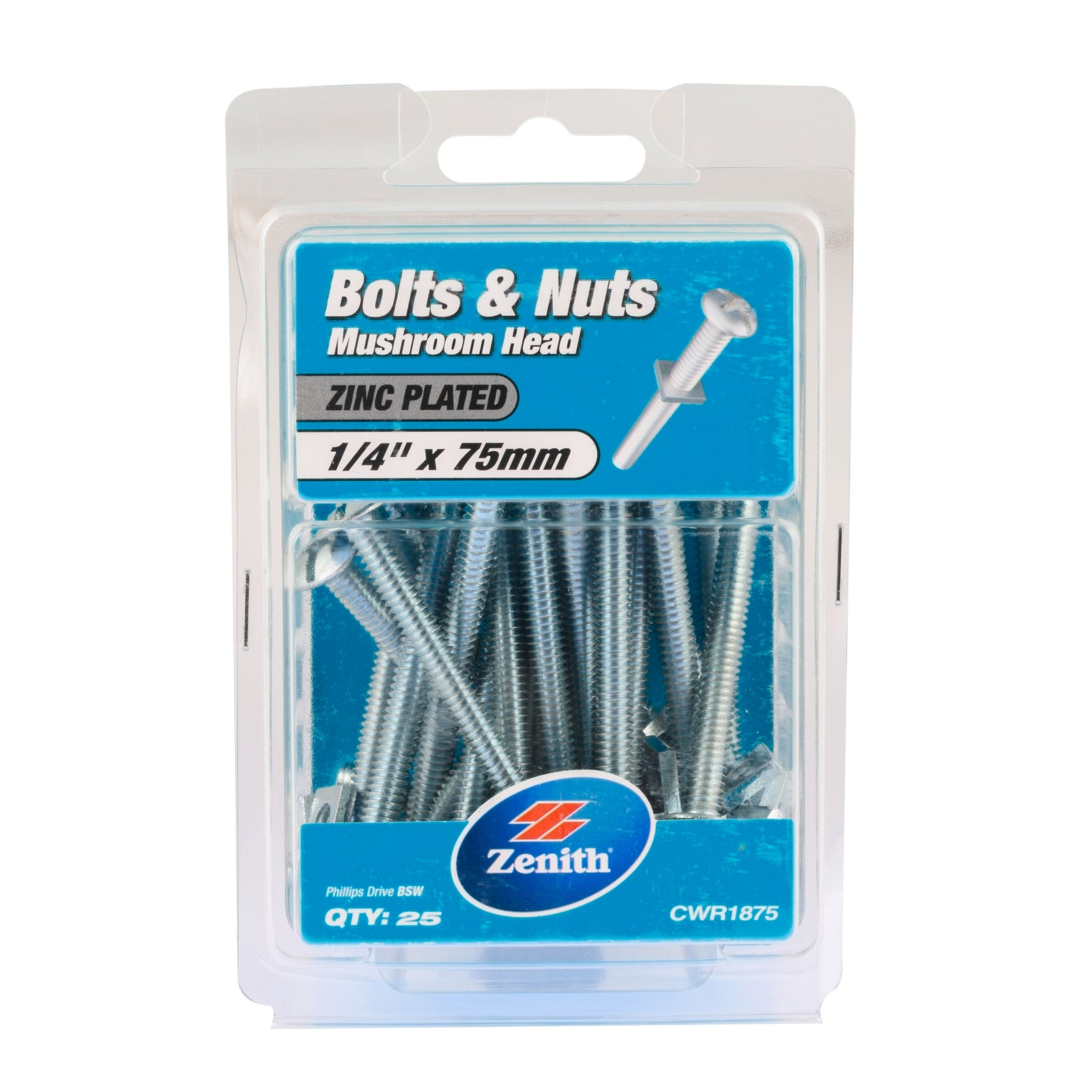 Zenith 1/4" x 75mm Zinc Plated Mushroom Head Bolts and Nuts 25 Pack