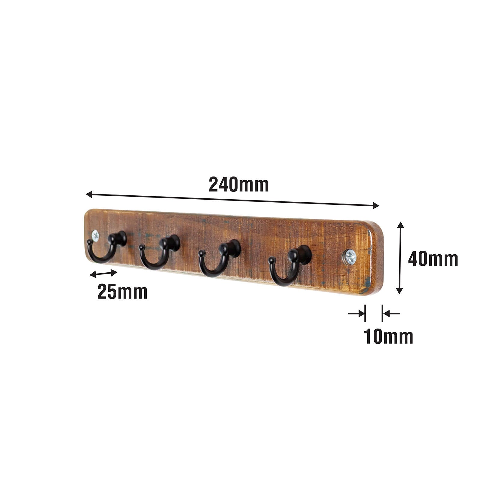 Adoored 4 Hook Rustic Board Key Rack - Black 245mm