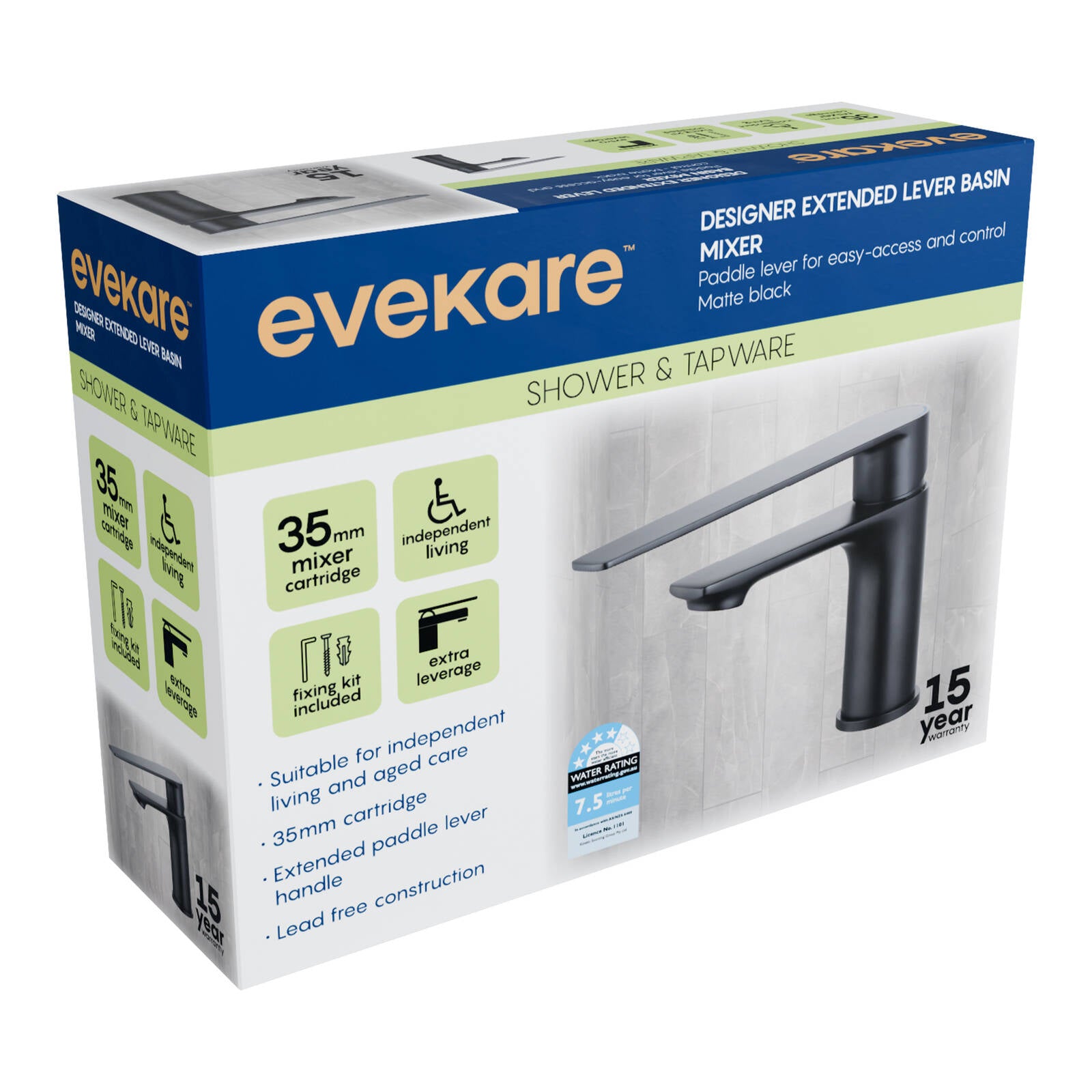 Evekare Matte Black Extended Lever Basin Mixer, 7.5L/min, 4 Star WELS