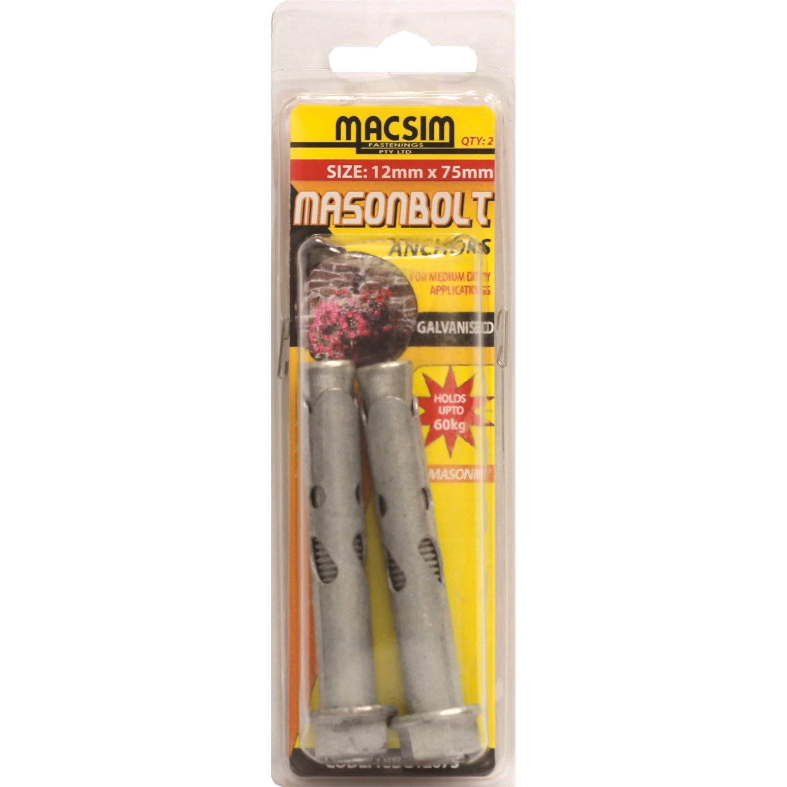 Macsim 12 x 75mm Galvanised Masonry Sleeve Anchor, Hex Nut - 2 Pack