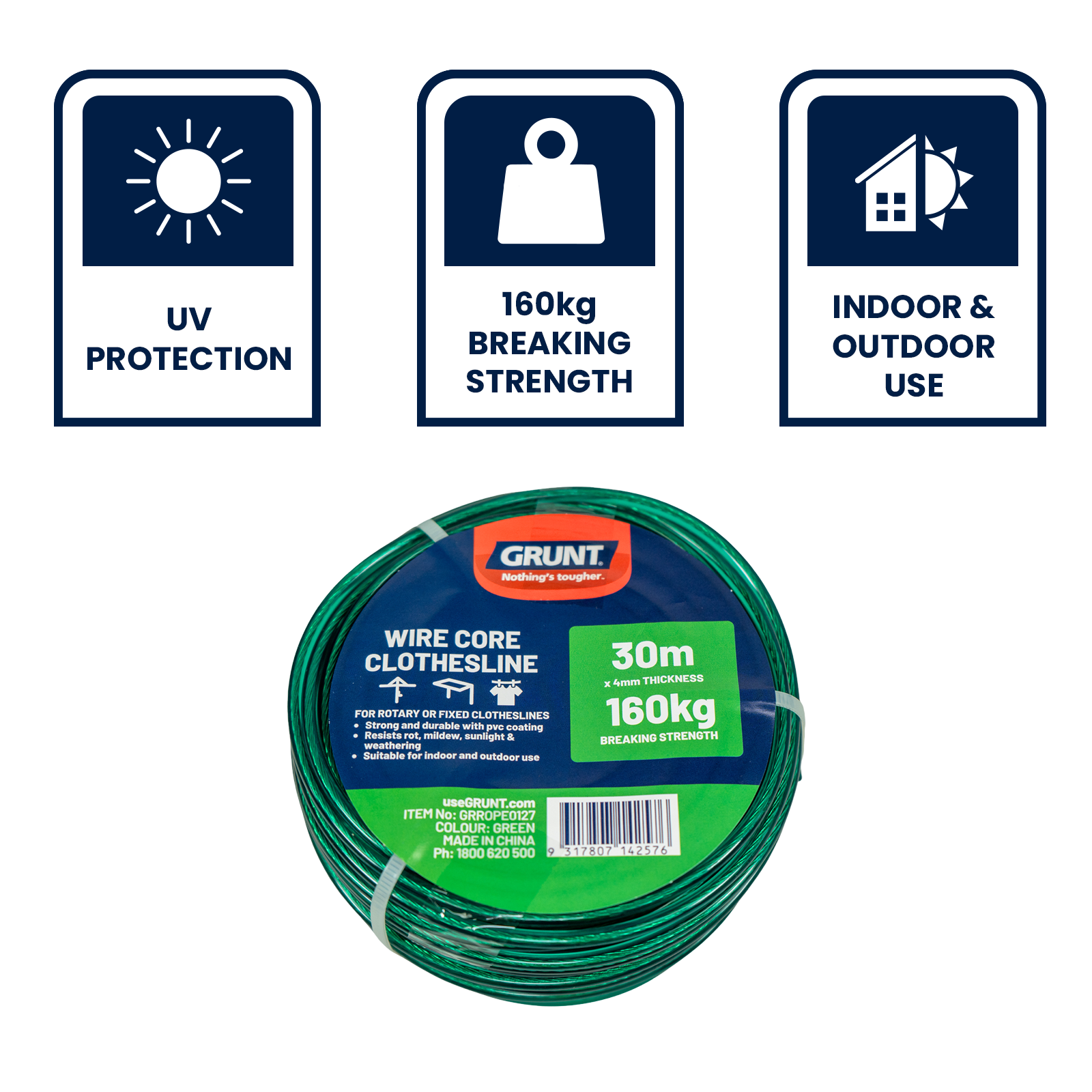Grunt 4mm x 30m Green Clothesline Wire, PVC Coated, 160kg Break Strength, Weather Resistant