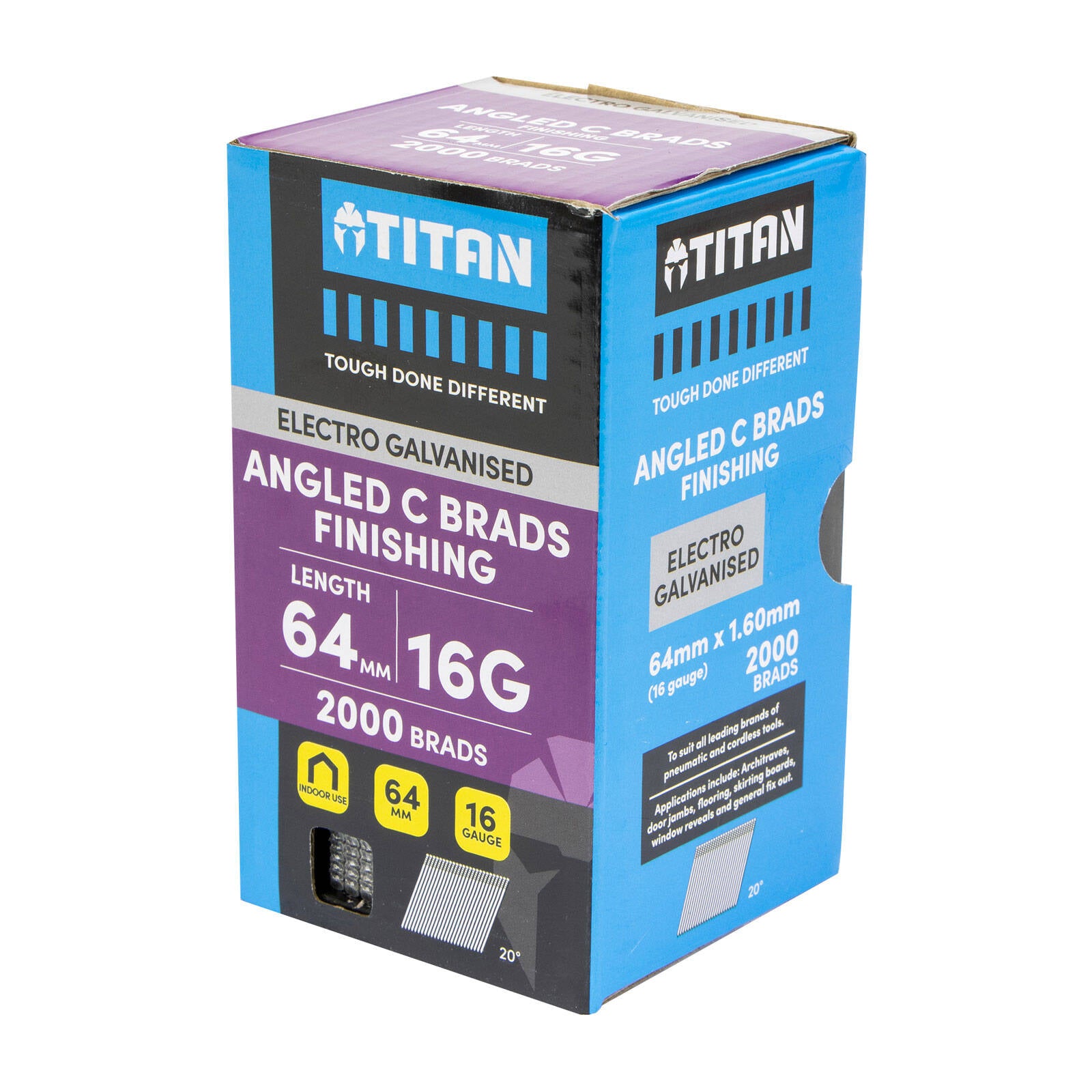 Titan 64 x 1.6mm 16G Electro Galvanised 20 Degree Angled Collated Brad Nails 2000 Pack