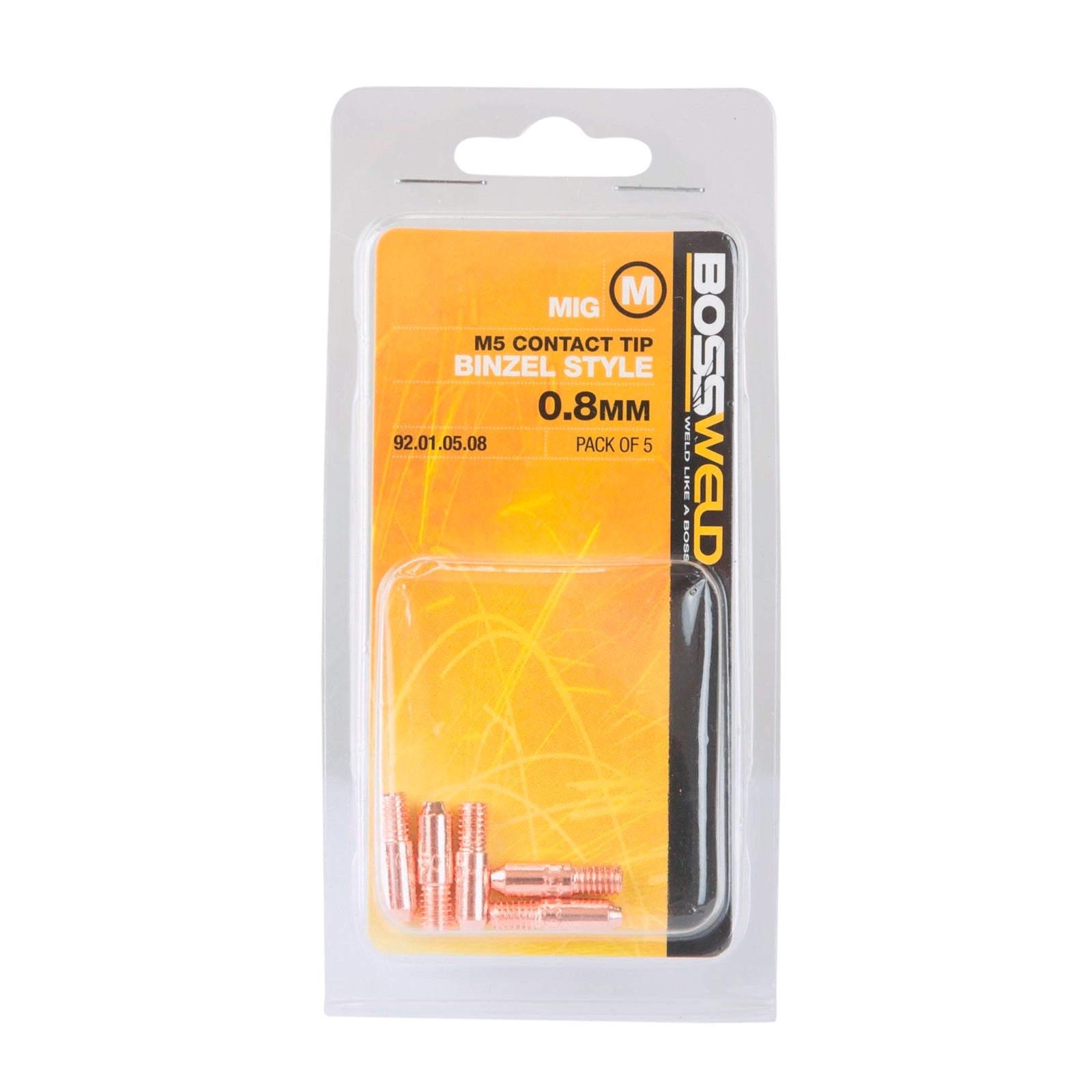 Bossweld 0.8mm Binzel Style M5 Contact Tip - 5 Pack MIG Torch Wear Parts