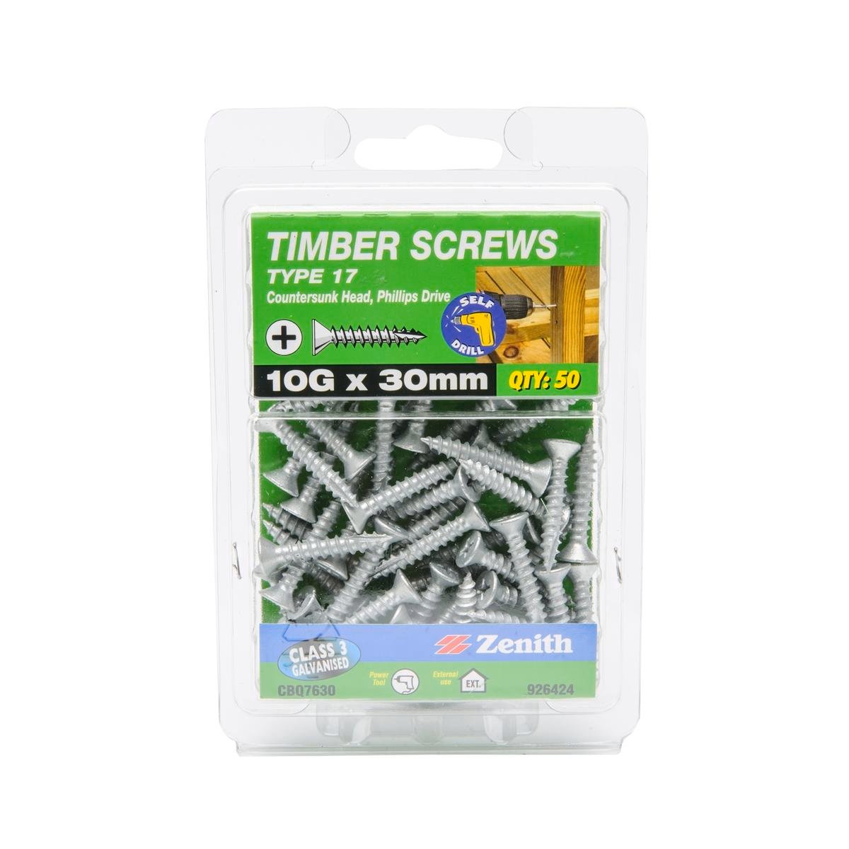 Zenith 10G x 30mm Galvanised Type 17 Countersunk Rib Head Timber Screws - 50 Pack