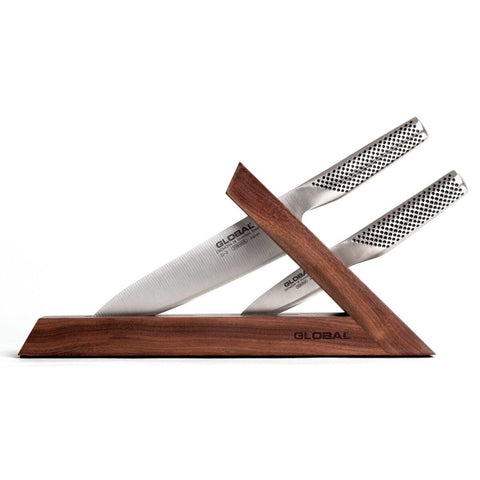 Global Niigata 3 piece knife block set - walnut timber block, stainless steel knives, Made in Japan - 79647