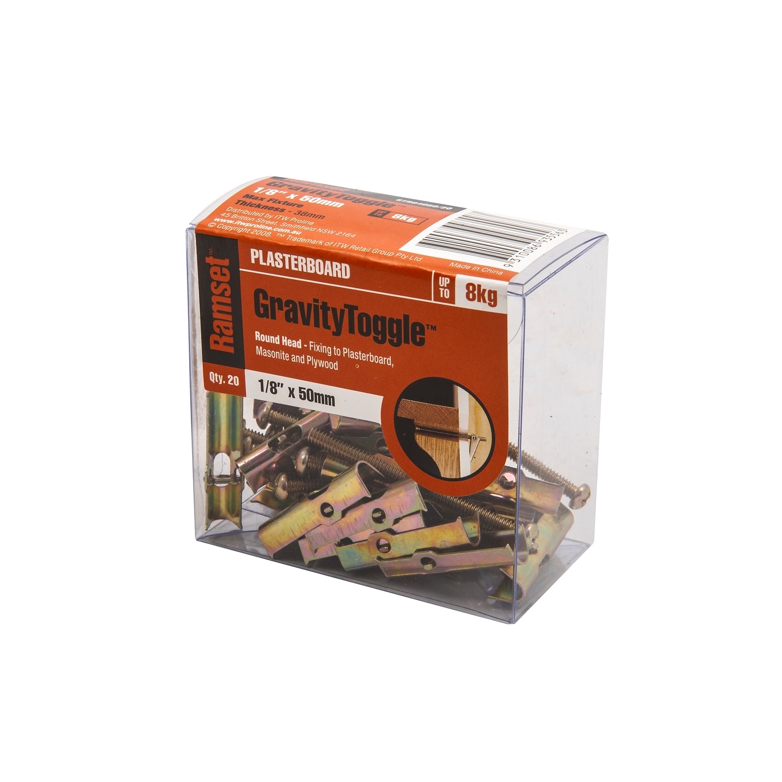 Ramset Gravity Toggle 1/8" x 50mm Plasterboard Anchor Gold Zinc Plated Steel - 20 Pack
