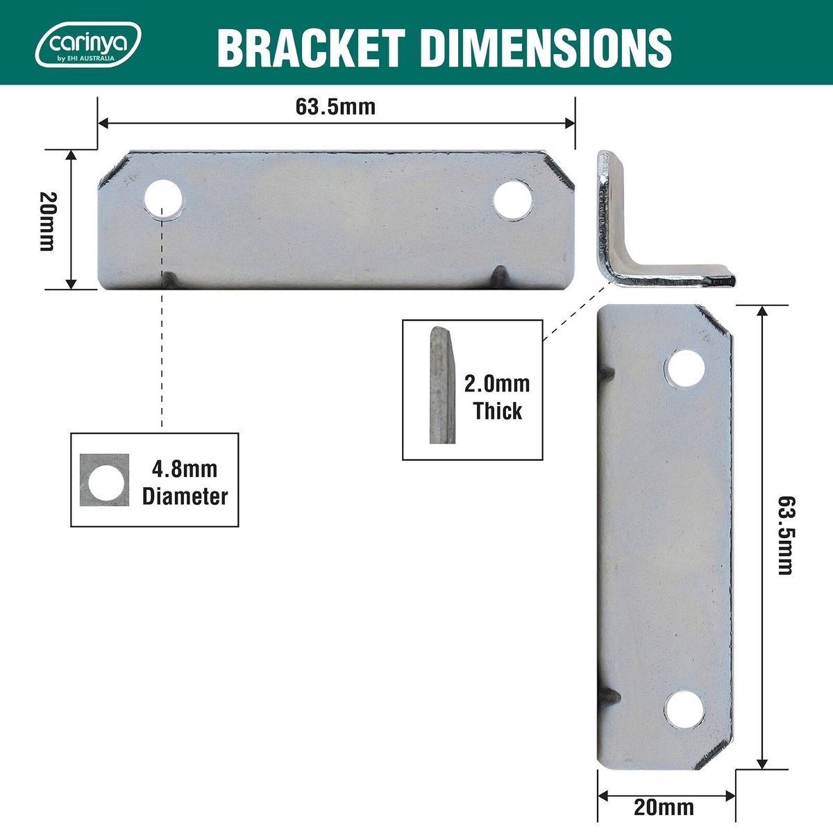 Carinya 63.5 x 20 x 20 x 2mm Zinc Plated Steel Reinforcing Angle Bracket - 4 Pack