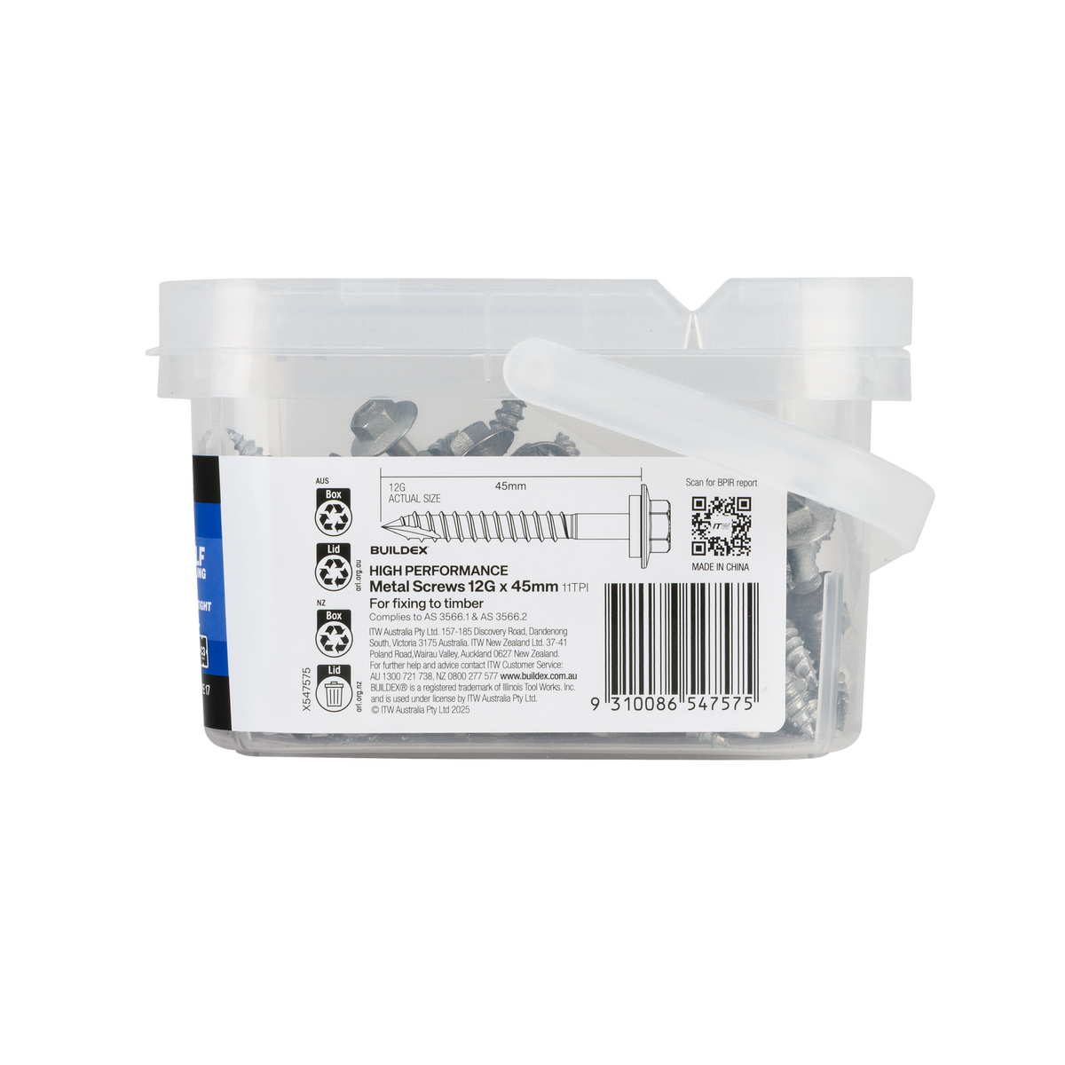 Buildex 12G x 45mm Class 3 Roofing Screws with Seal, Type 17 Hex Head - 100 Pack