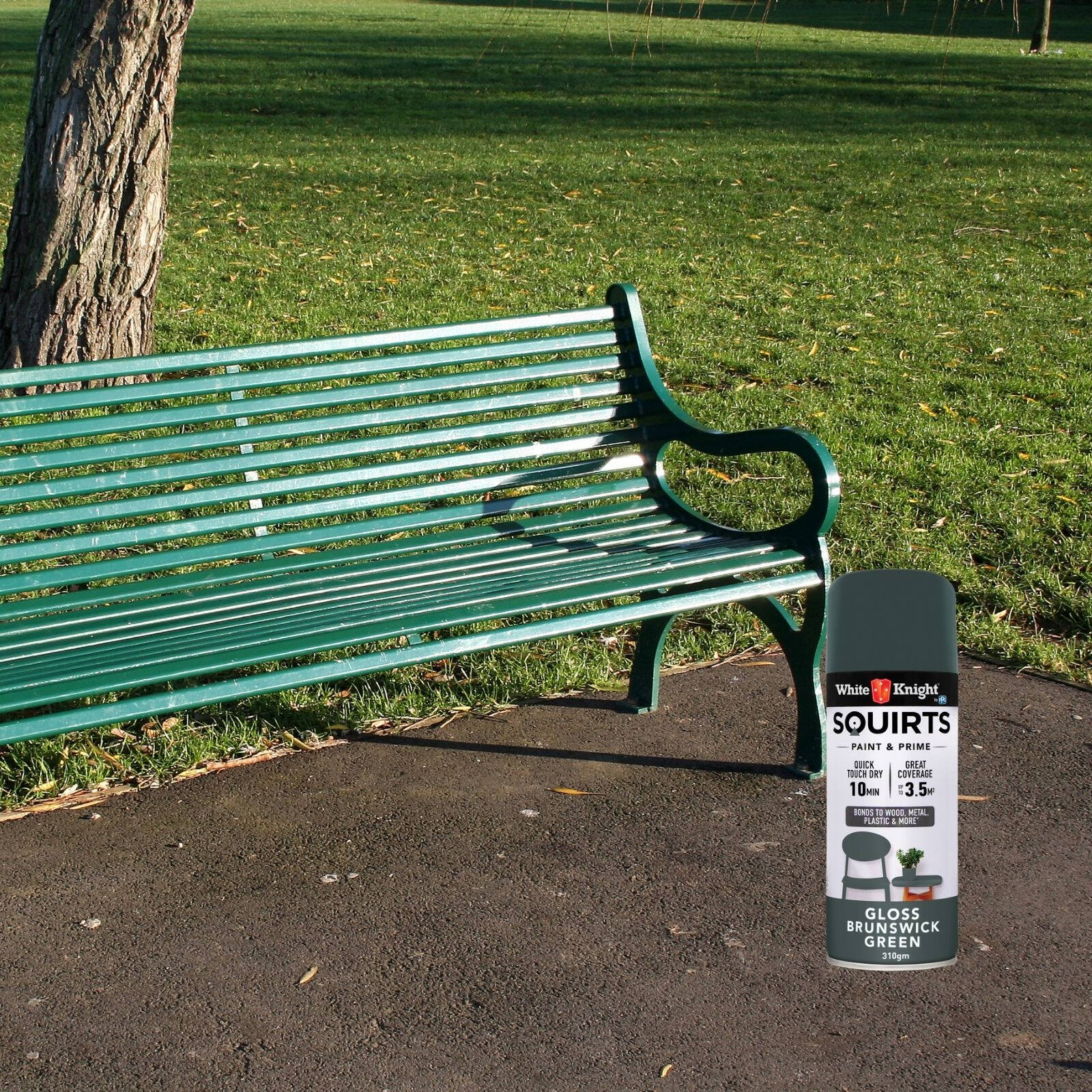 White Knight Squirts Brunswick Green Gloss Spray Paint 310g - Solvent-Based, UV Resistant