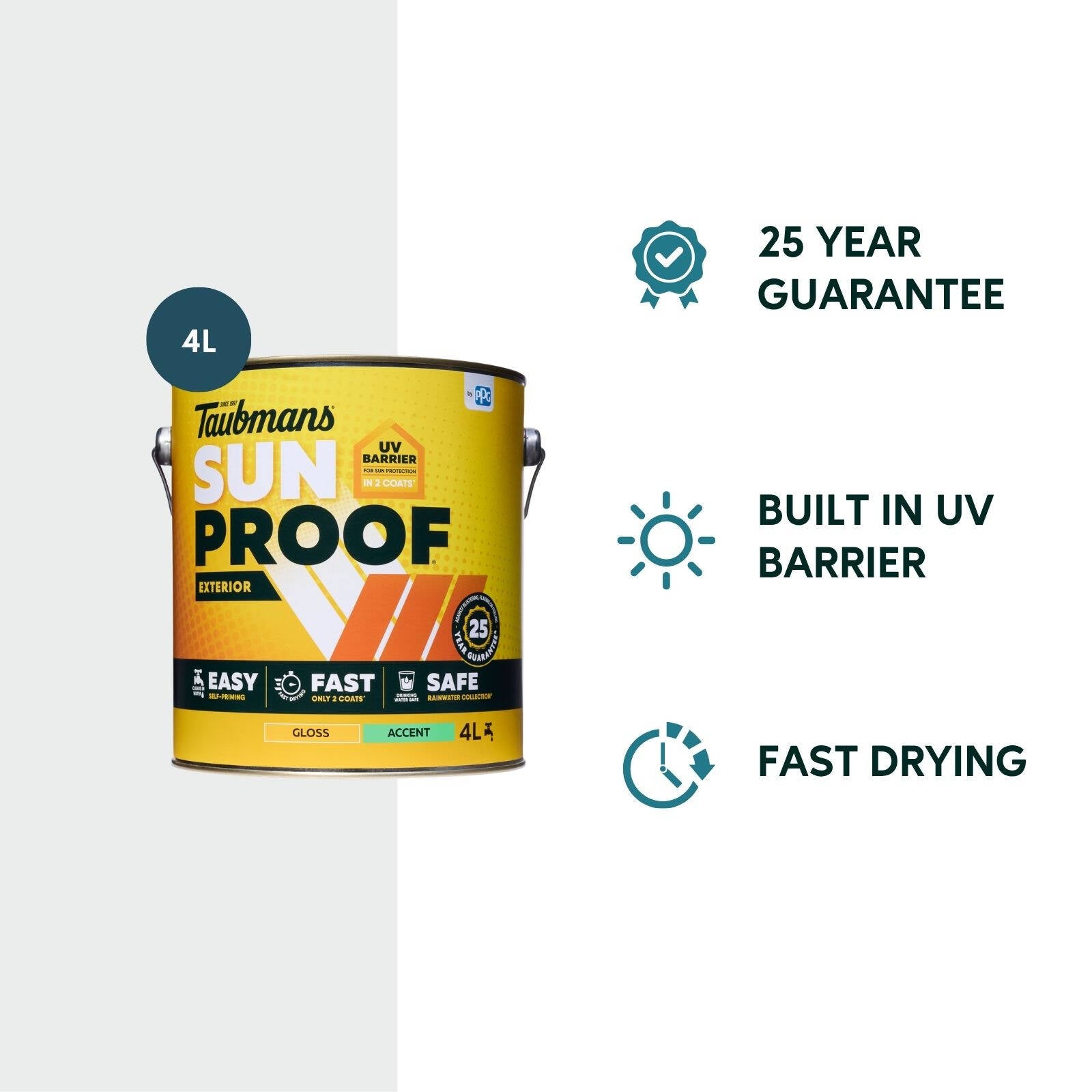 Taubmans Sunproof 4L Accent Gloss Exterior Paint, Water-Based Acrylic, Self-Priming