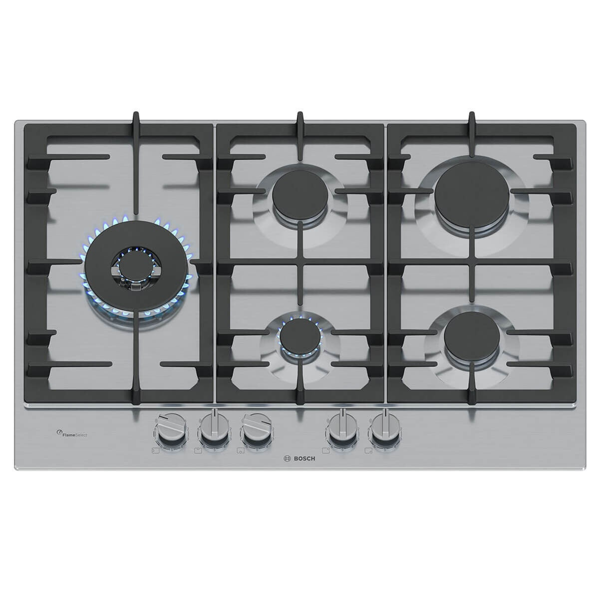 Bosch 75cm Series 6 Gas Cooktop - Stainless Steel, Five Burners, FlameSelect, Wok Burner - PCS7A5I90A