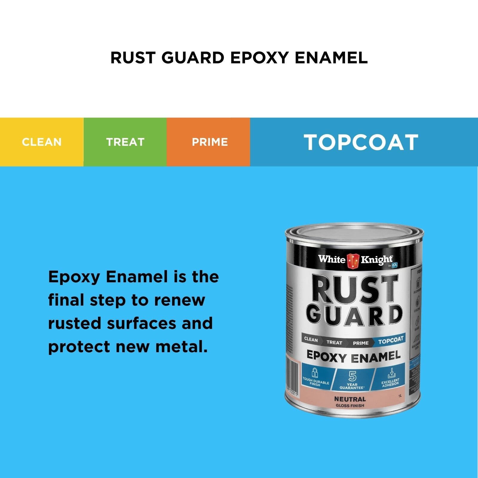White Knight Rust Guard 1L Neutral Gloss Epoxy Enamel Paint, Solvent-Based, One-Step for Metal Surfaces