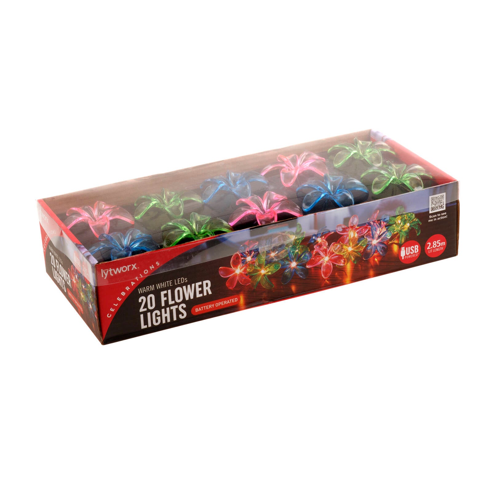 Lytworx Warm White Battery/USB Flower Lights, 2.85m, 20 LED, Indoor/Outdoor - 20 Pack