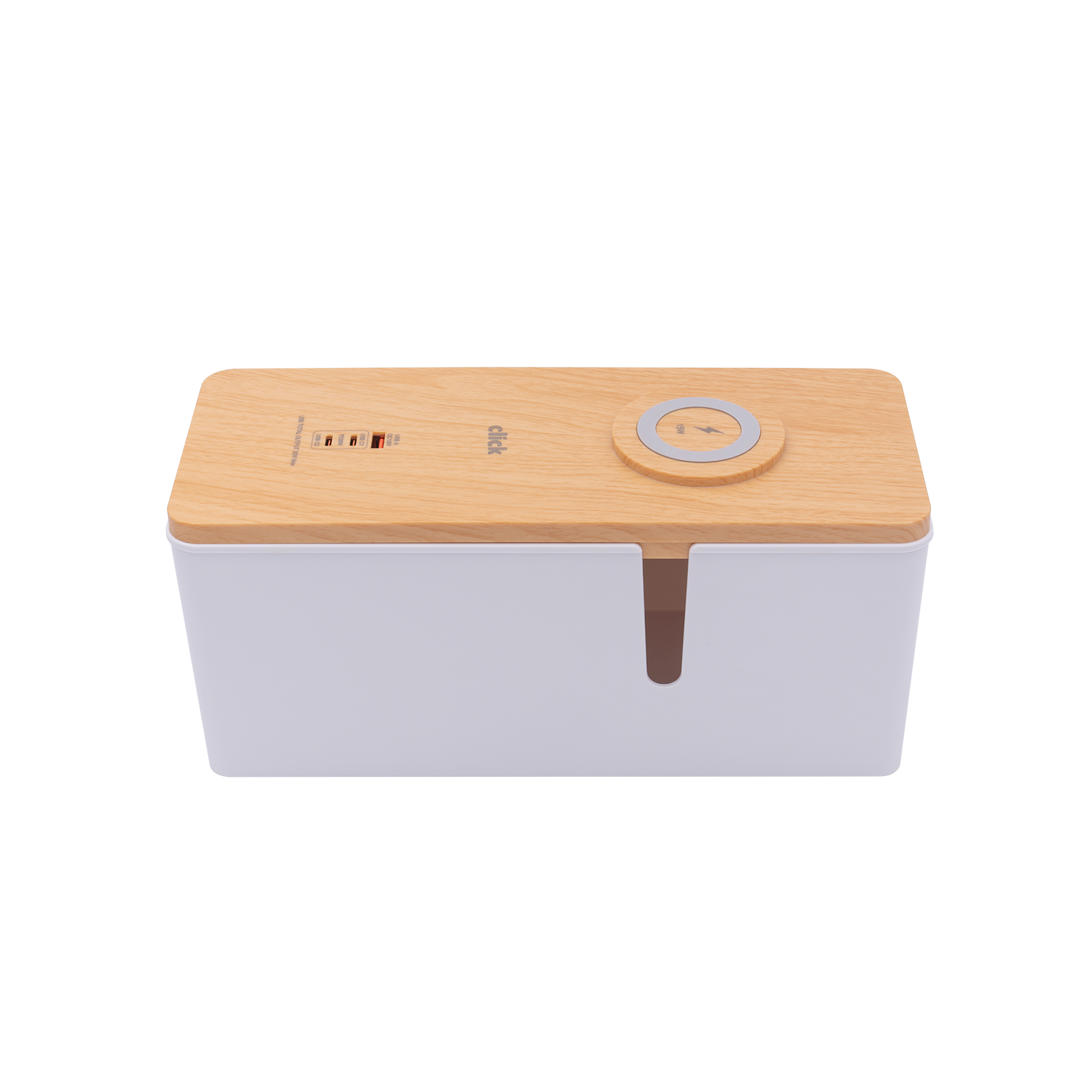Click Cable Management Box with USB and Wireless Charger Wood-Look Lid CMB300WUPD