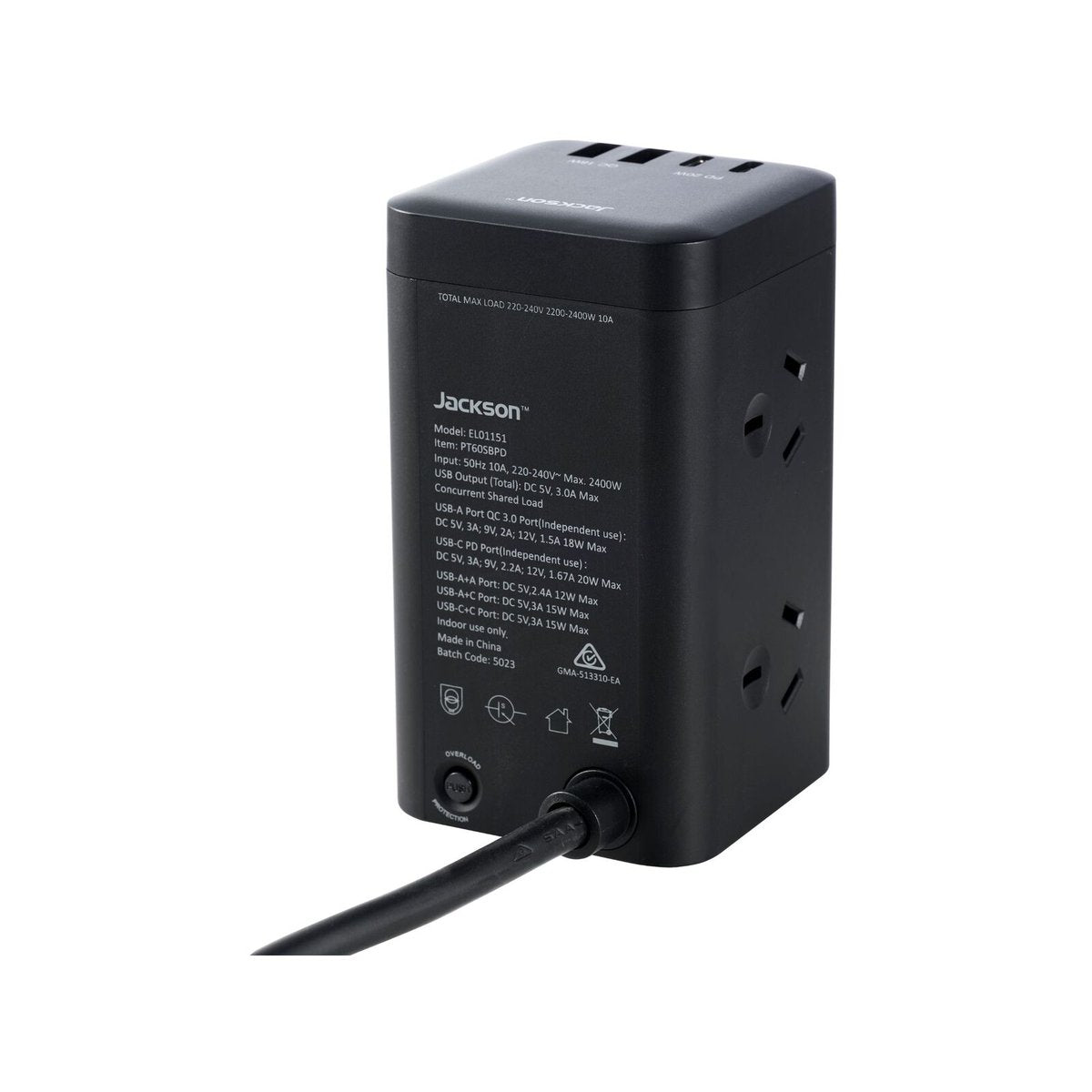 Jackson Rapid Charge USB-C Power Tower, 6 Outlets, 240V 2400W, 175J Surge PT60SBPD