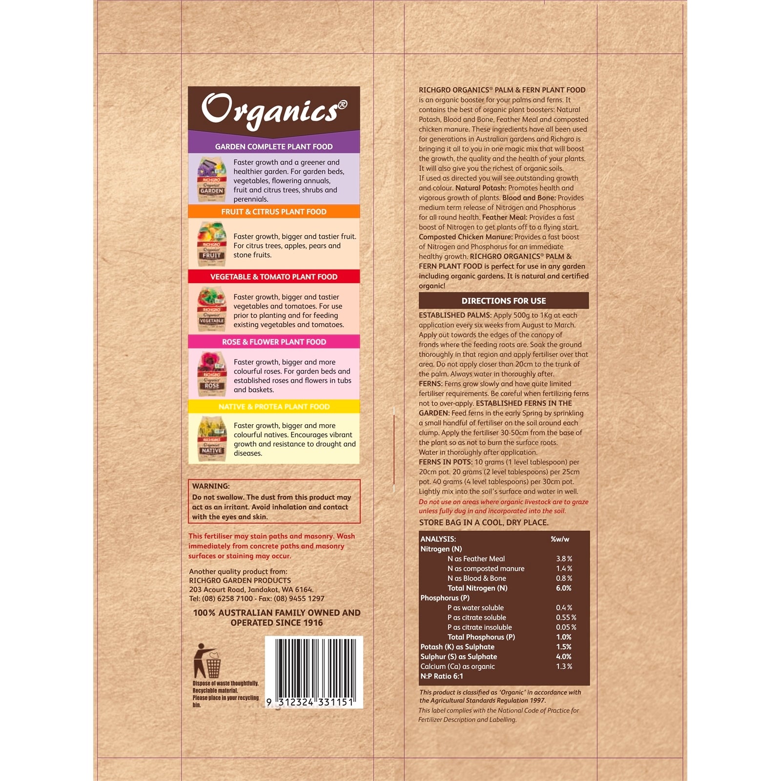 Richgro Organics Palm & Fern Plant Food 5kg NPK 6-1-1 Natural Fertiliser