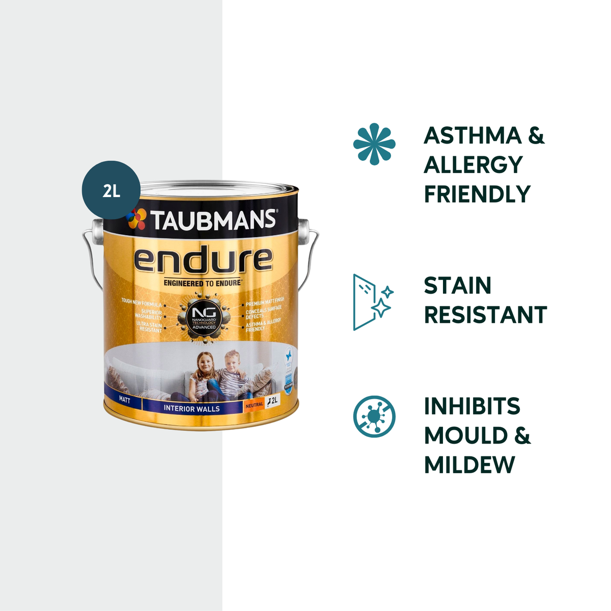 Taubmans 2L Neutral Matt Endure Interior Walls Paint - 2L - Water Based - Stain Resistant - Low Odour - SuperSaverAU - view 2