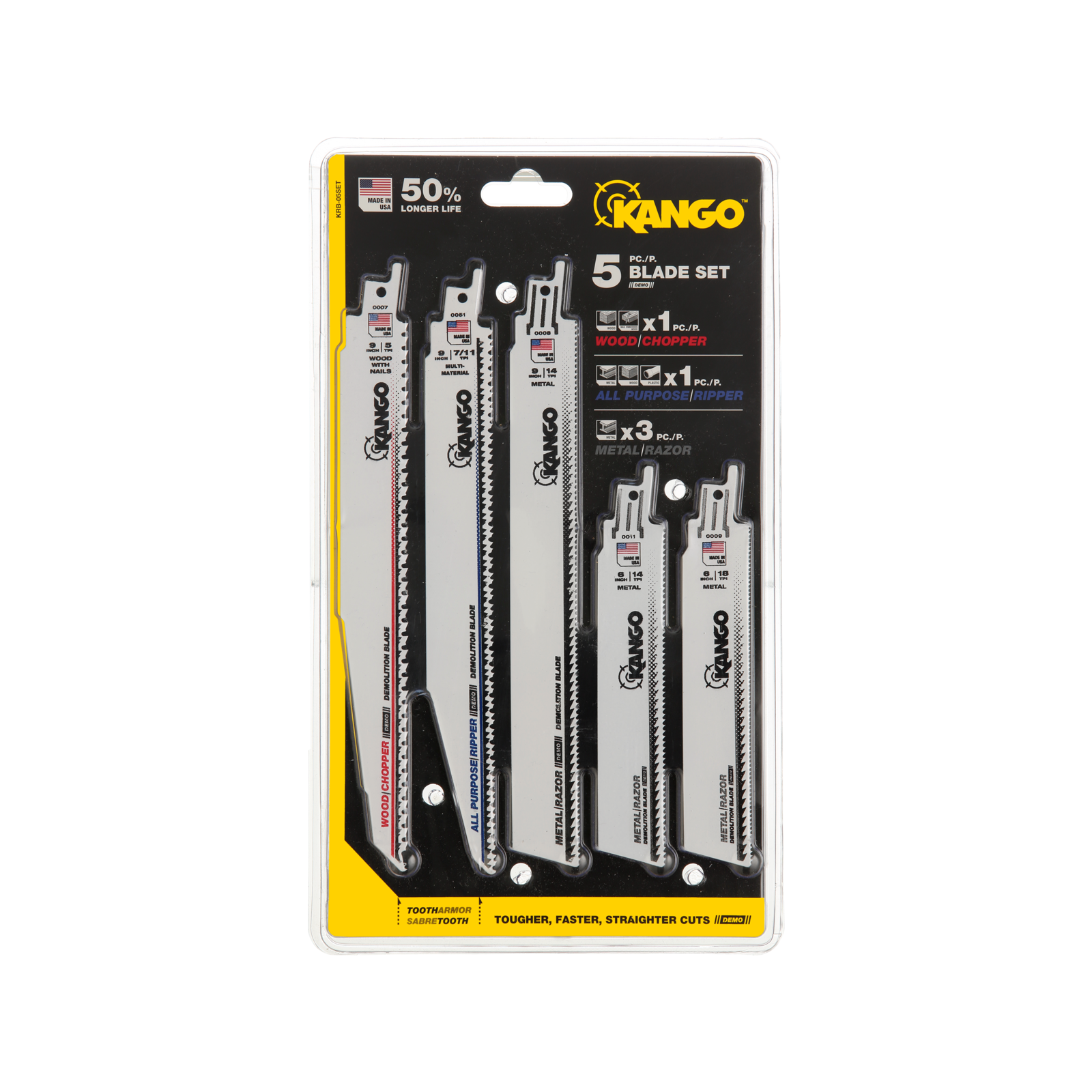 Kango Demolition Recip Saw Blade Set 5 Piece Bi-Metal for Timber, Metal & Plastics