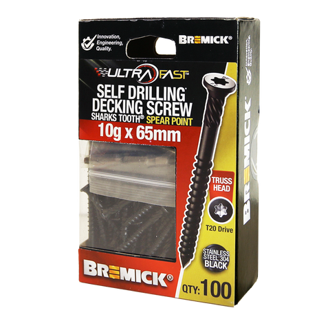 Bremick UltraFast 10g x 65mm Stainless Steel 304 Black T20 Truss Head Screws 100 Pack