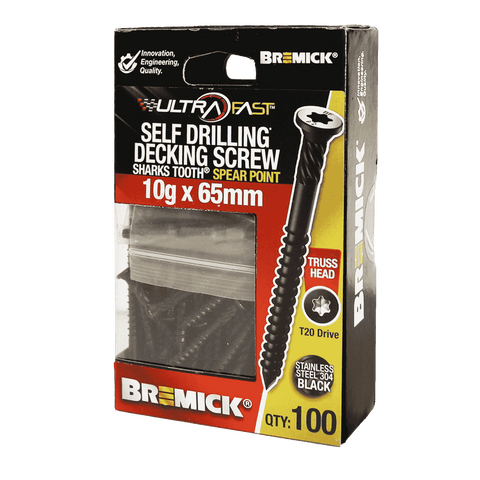 Bremick UltraFast 10g x 65mm Stainless Steel 304 Black T20 Truss Head Screws 100 Pack