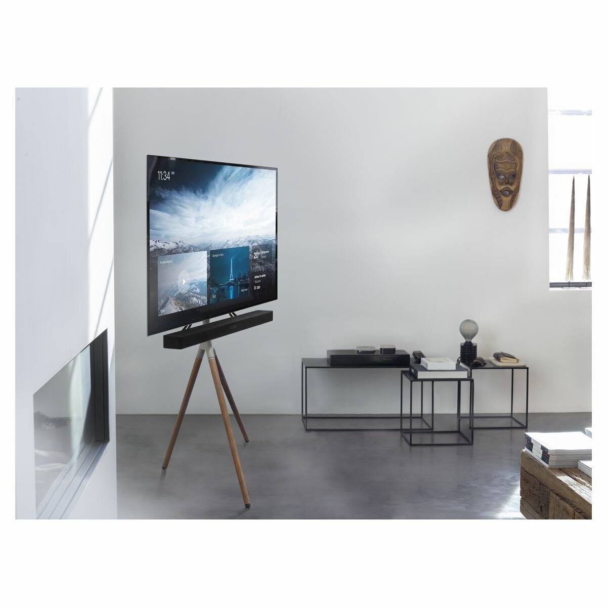 One For All walnut tripod TV stand for 32 to 65 inch TVs - Soundbar mounting kit, 360 turn - WM7471
