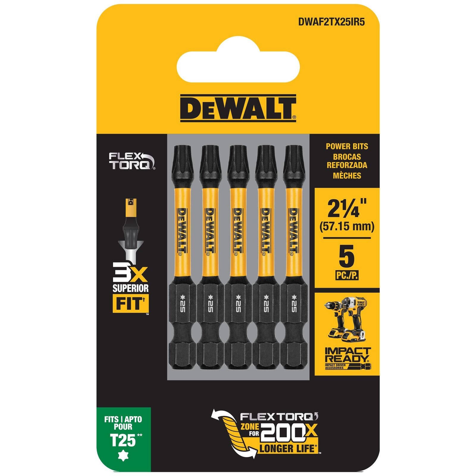 DeWALT FLEXTORQ 57mm TX25 Impact Screwdriver Bit 5 Pack DWAF2TX25IR5