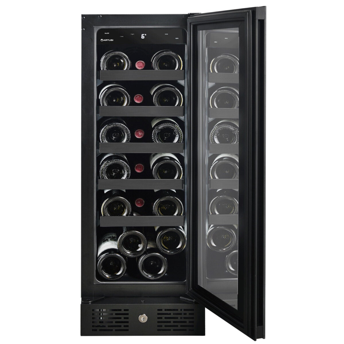 Artusi 18 bottle single zone wine cellar - black smoky glass, UV protected, reversible hinge - AWC18BV