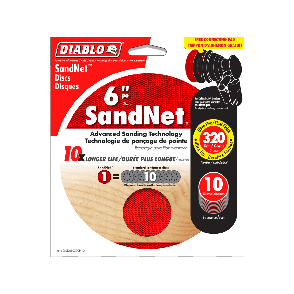 Diablo 150mm 320 Grit SandNET Orbital Discs with Connection Pad 10 Pack Red