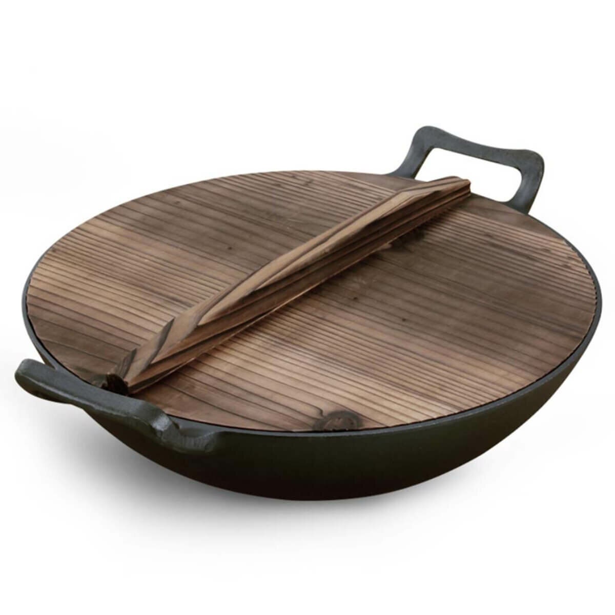 SOGA 36cm Cast Iron Wok with Lid - Induction, Oven and Gas Compatible, Black - 9357641006412