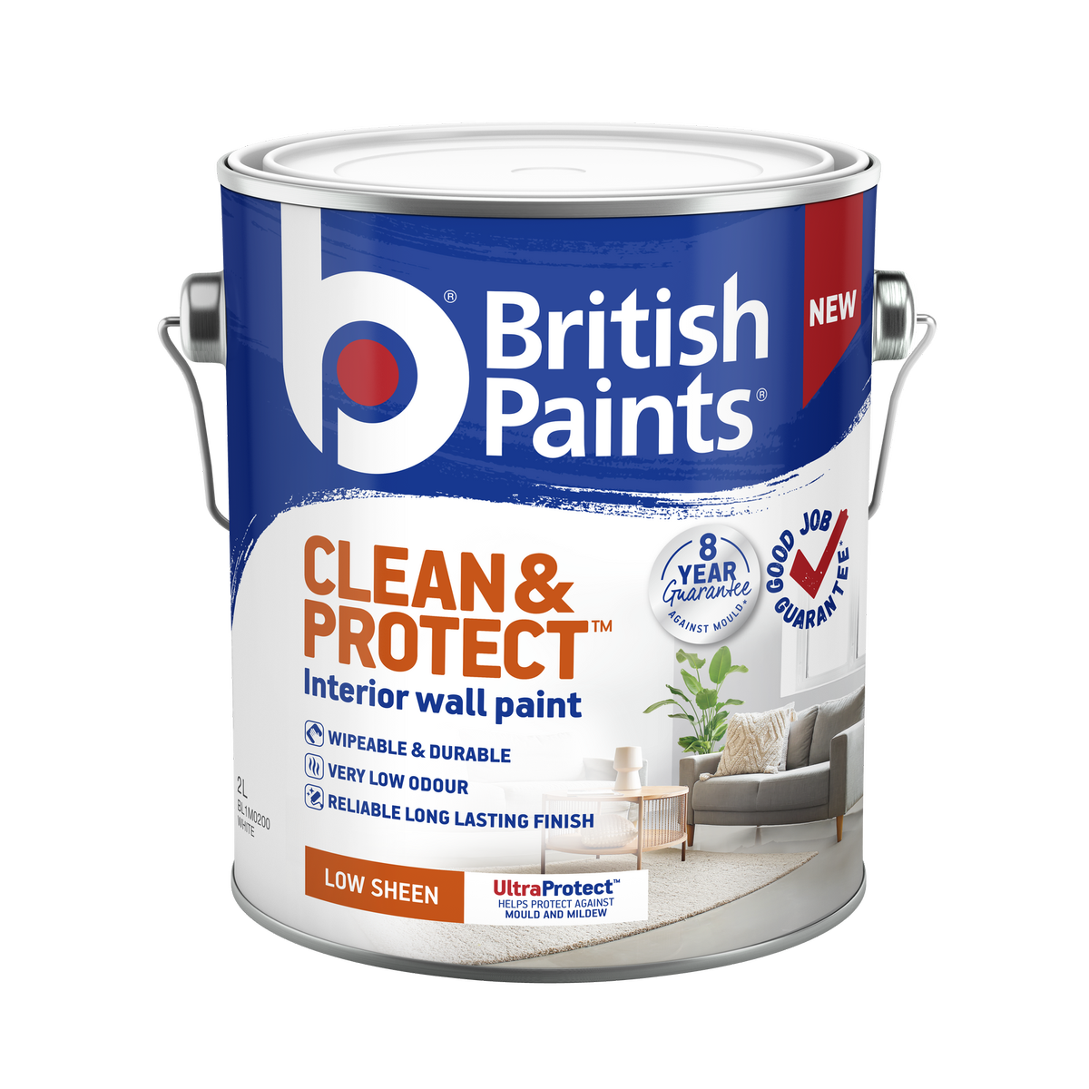 British Paints Clean and Protect Low Sheen Interior Paint 2L - White - Wipeable Finish - 8-Year Mould Guarantee - SuperSaverAU - view 1