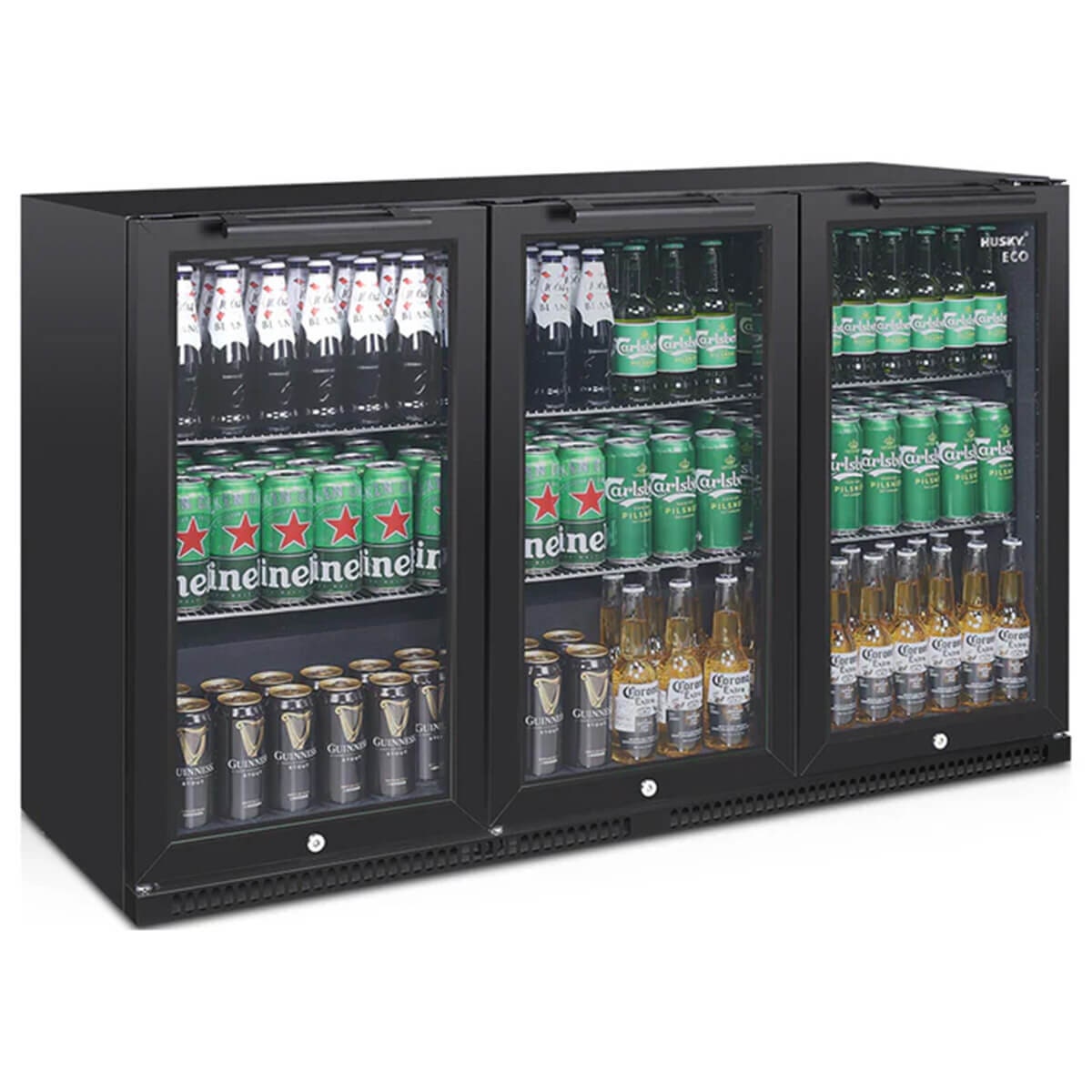 Husky 280L Eco triple door bar fridge - black, three Low E glass doors, 330 can capacity - C3HECO840BKAU
