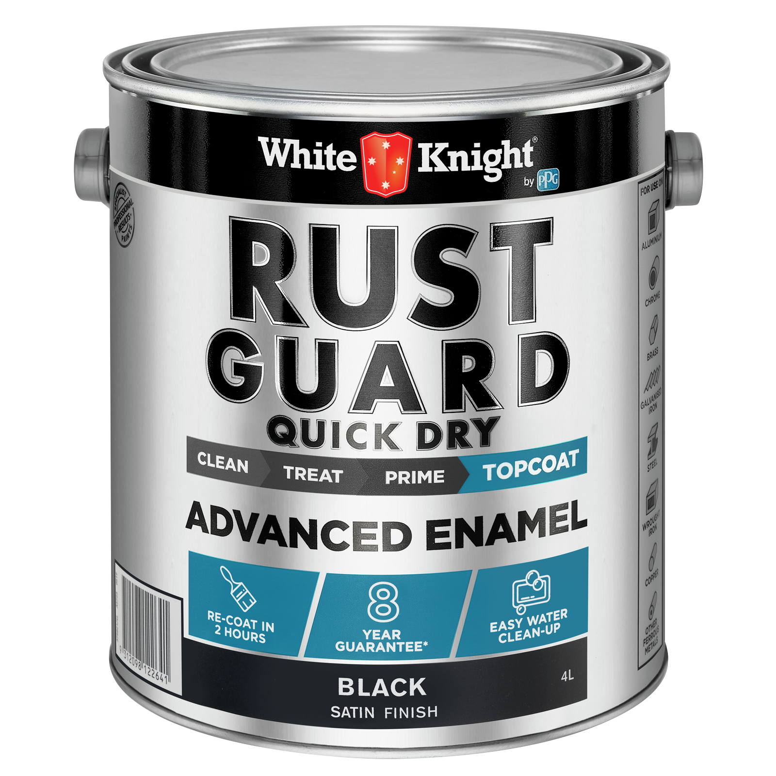 White Knight Rust Guard 4L Black Satin Quick Dry Advanced Enamel Paint, UV Resistant