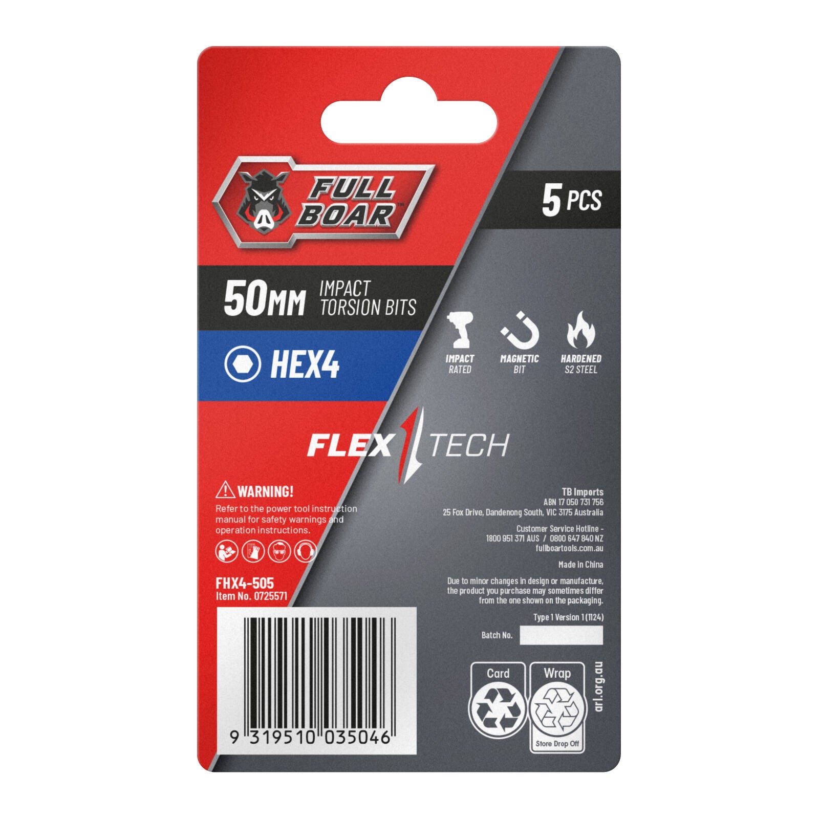 Full Boar HEX4 x 50mm S2 Steel Impact Torsion Bit Set 5 Pack FHX4-505