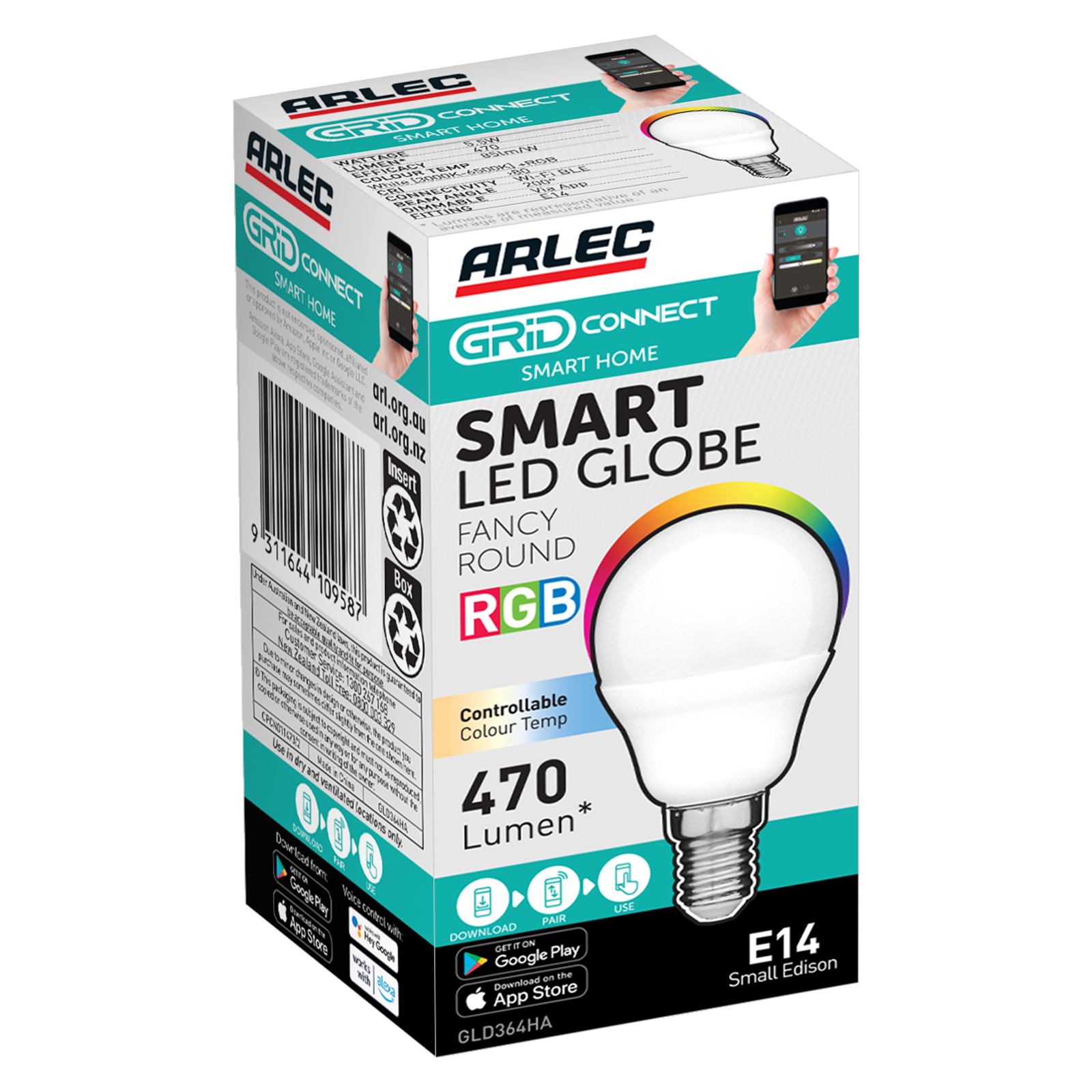 Arlec E14 LED 470lm 5.5W RGB Grid Connect Smart Fancy Round Globe (GLD364HA)