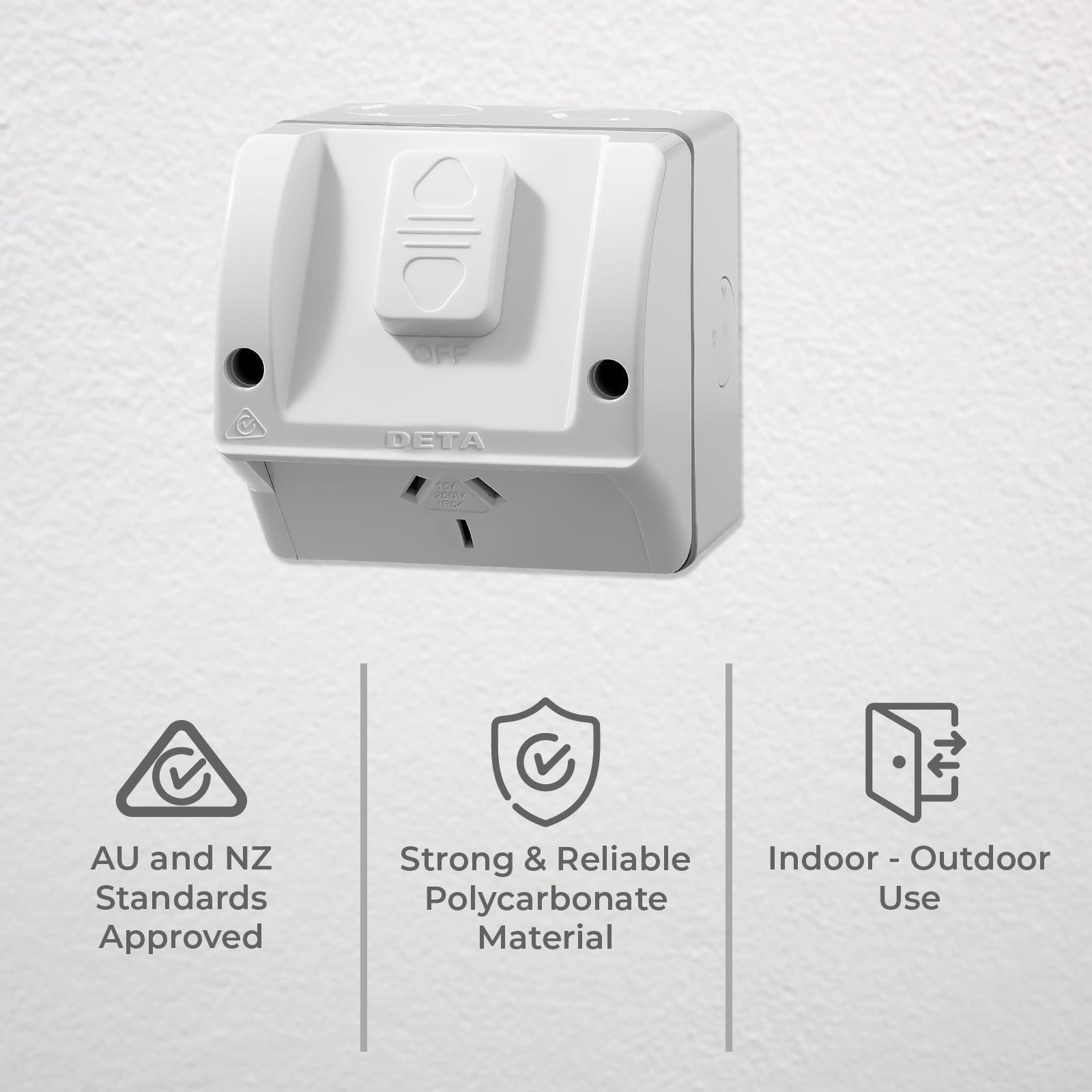 DETA Single Outlet Outdoor Powerpoint, 250V 15A, White Polycarbonate, IP54