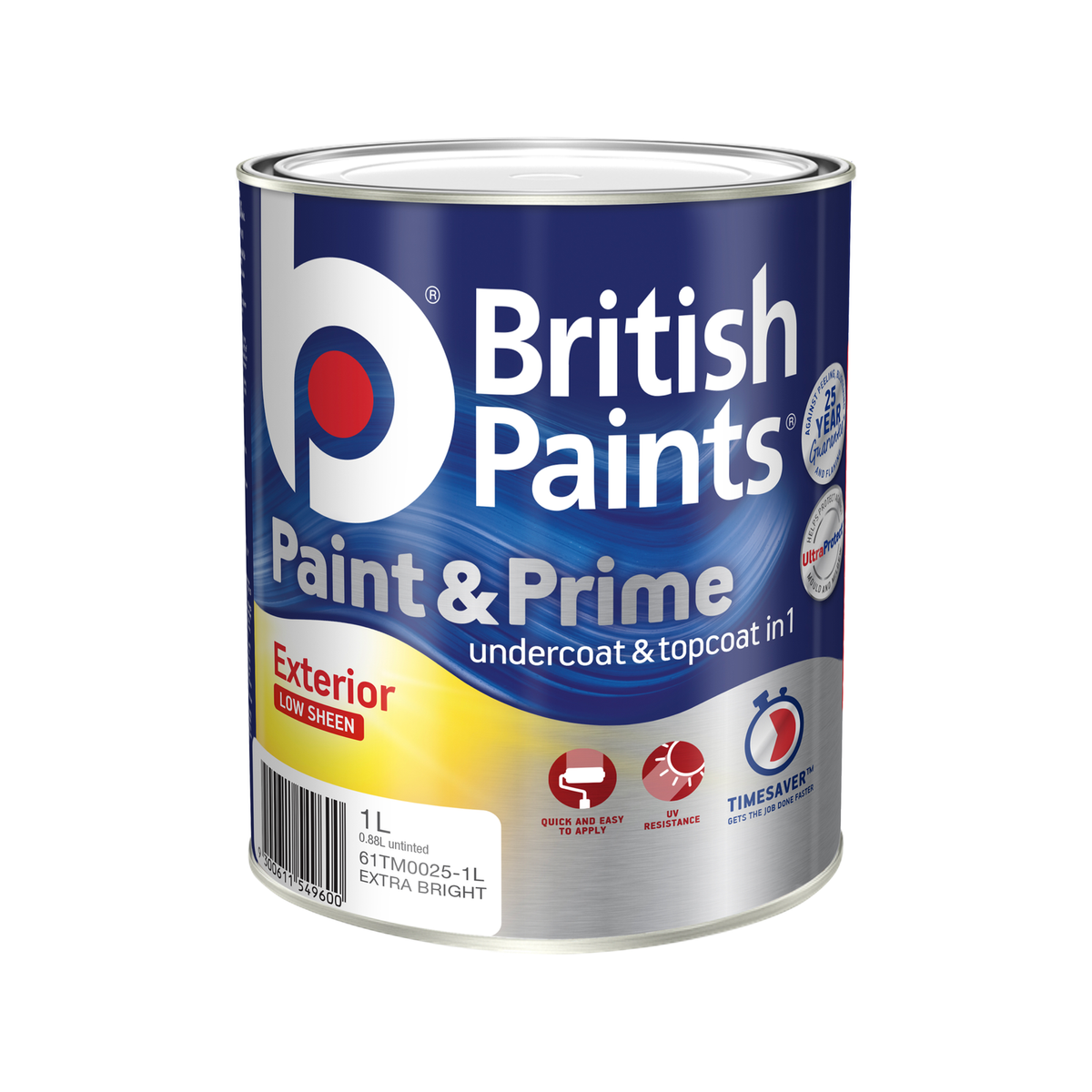 British Paints Paint & Prime Exterior Low Sheen 1L Extra Bright Base, UV Resistant