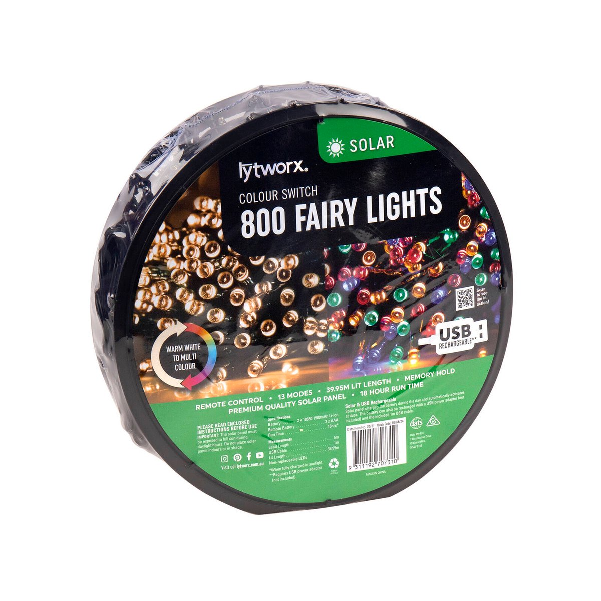 Lytworx 39.95m Solar Colour Switch Fairy Lights 800 Pack 70731 - 13 Modes, Warm White & Multicolour