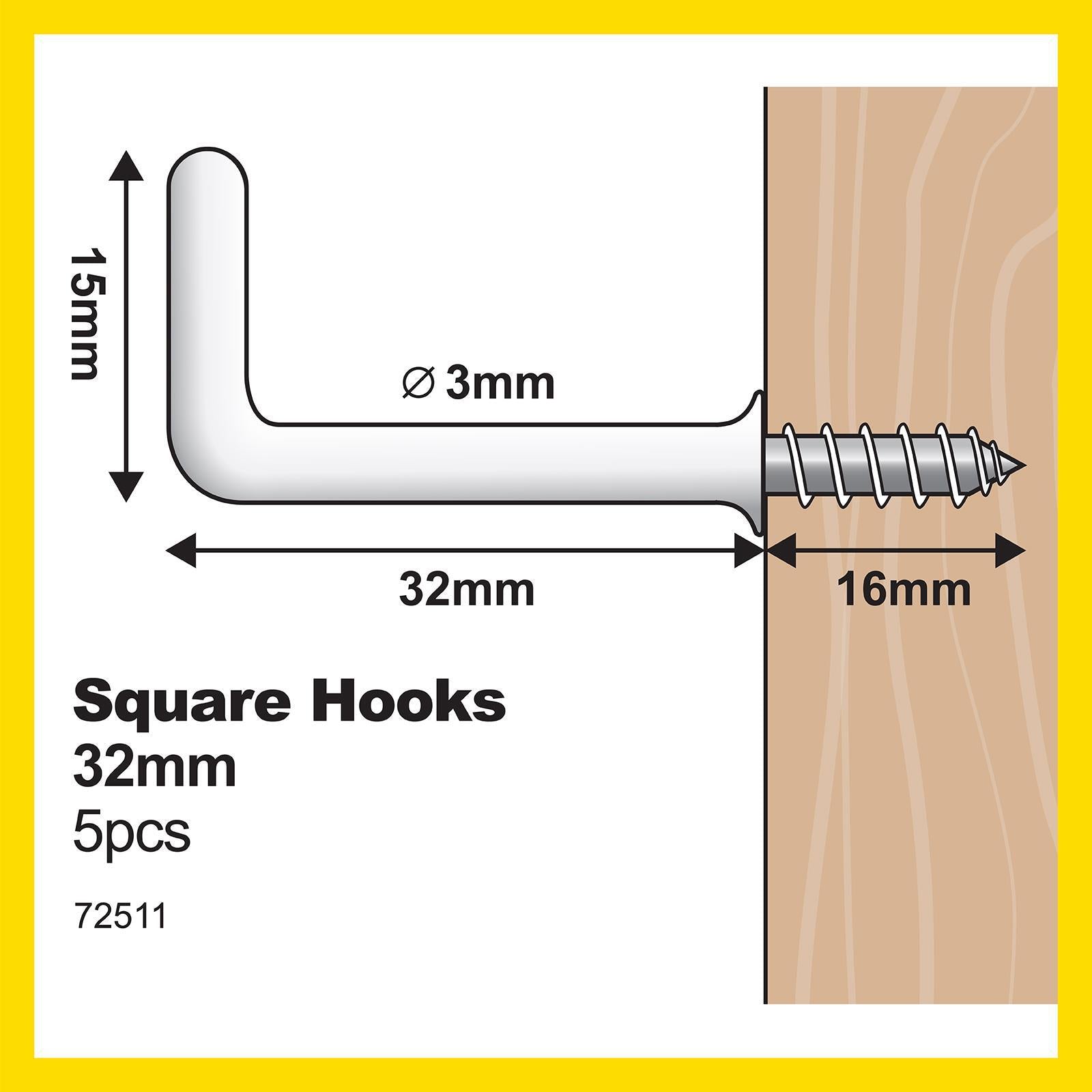 Everhang 32mm White Square Hook 5 Pack - PVC Dip Steel, 12kg Stud Rating