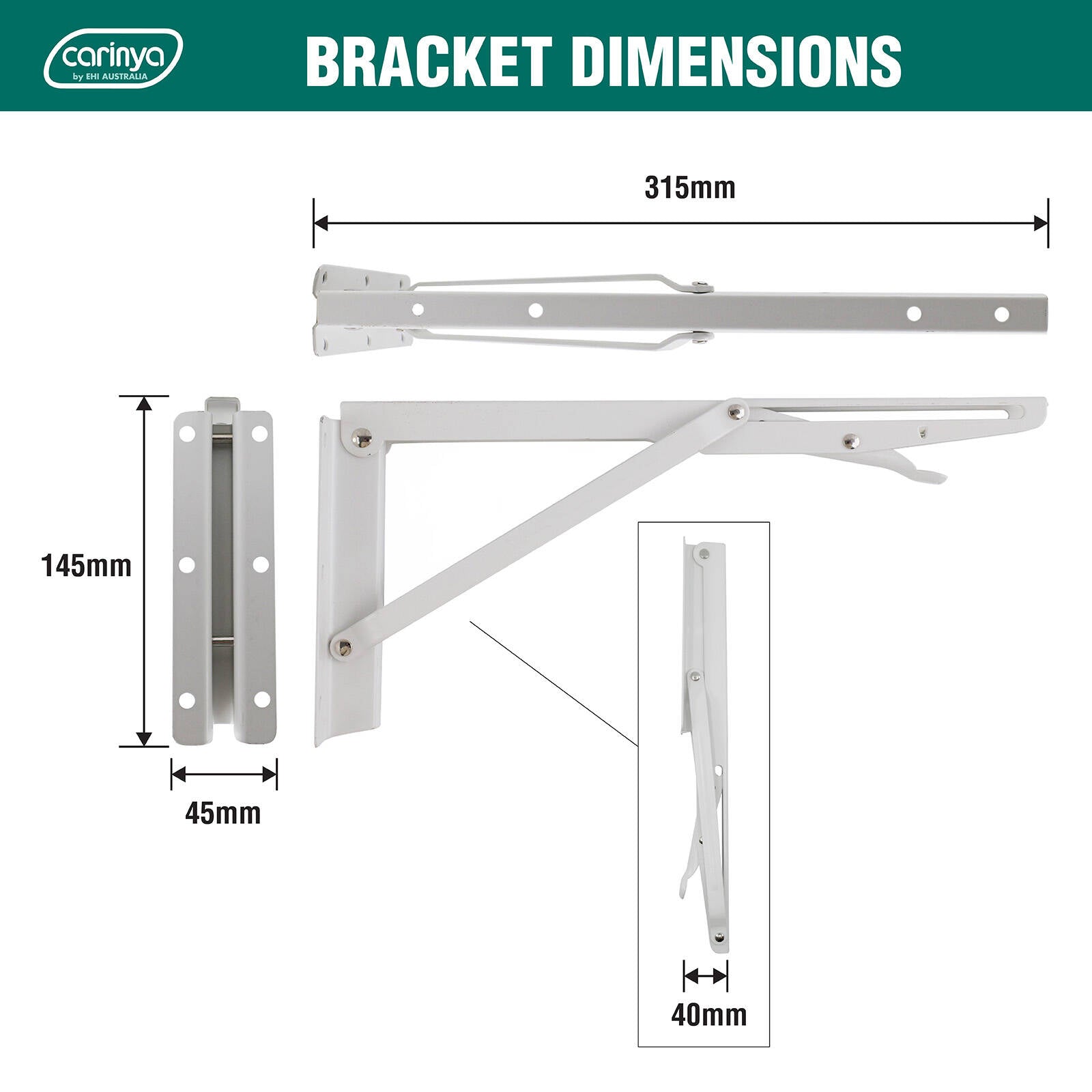 Carinya 315 x 145mm White Powder Coated Folding Spring Loaded Wall Bracket 50kg