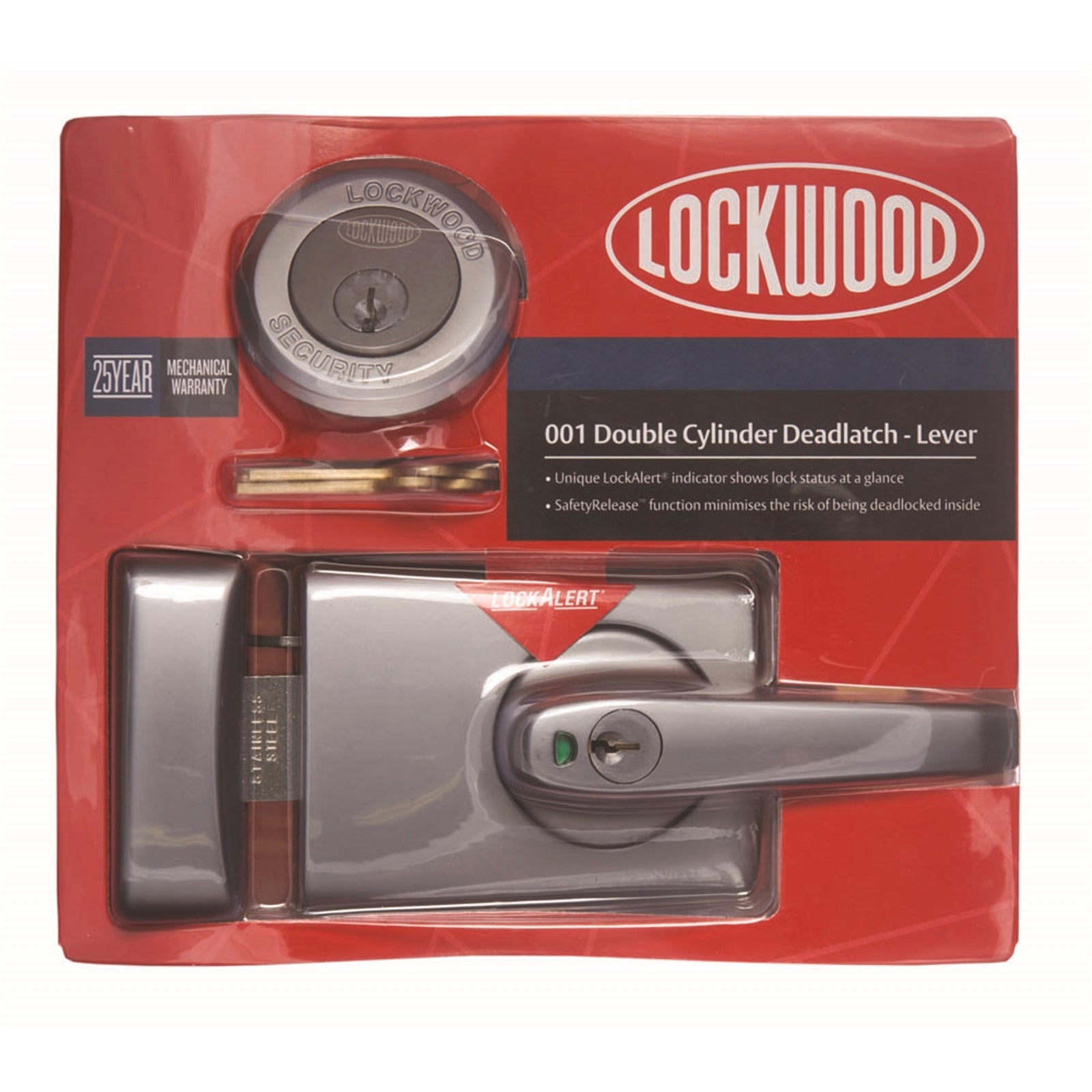 Lockwood 001 Double Cylinder Deadlatch Lever, Satin Chrome Zinc Alloy