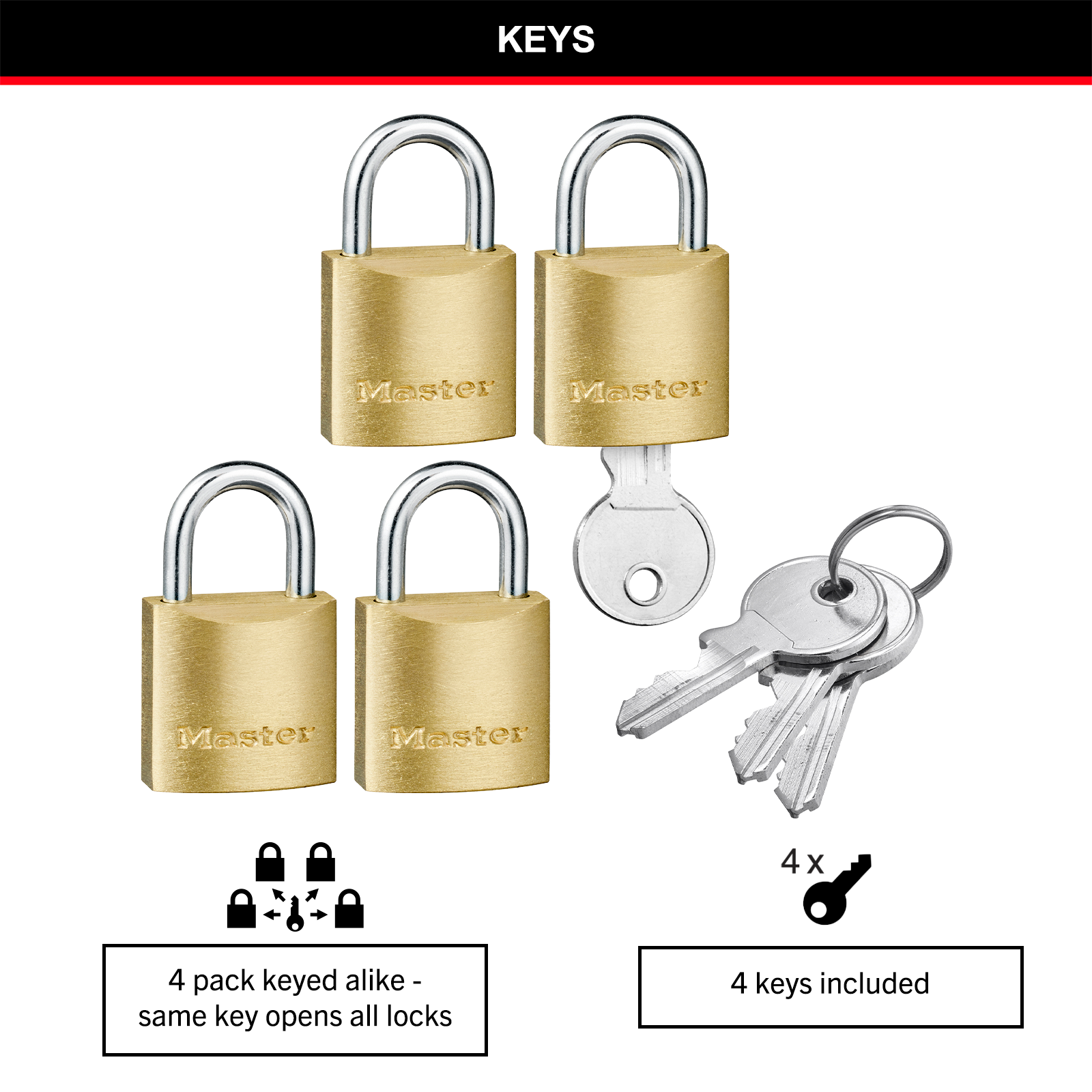 Master Lock 20mm Solid Brass Keyed Padlock, 4 Pack Keyed Alike, Steel Shackle