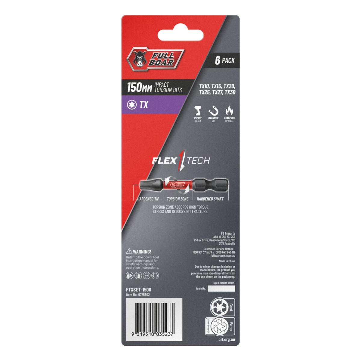 Full Boar Tx Impact Torsion Bits Set - 6 Pack - 150mm - S2 Steel - SuperSaverAU - view 2