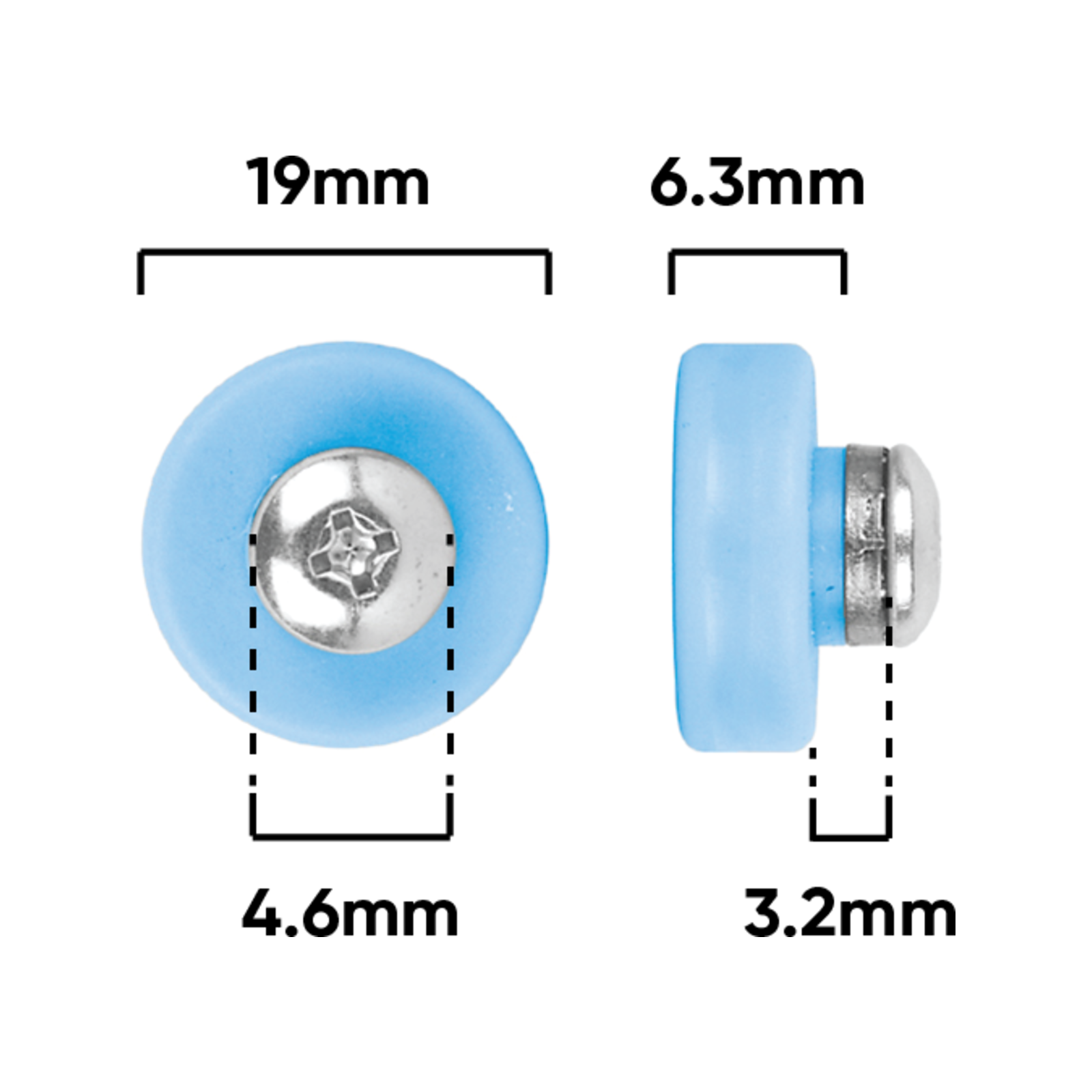 Rolltrak 19mm Blue Acetal Flat Roller with Screw, Shower Screen Door