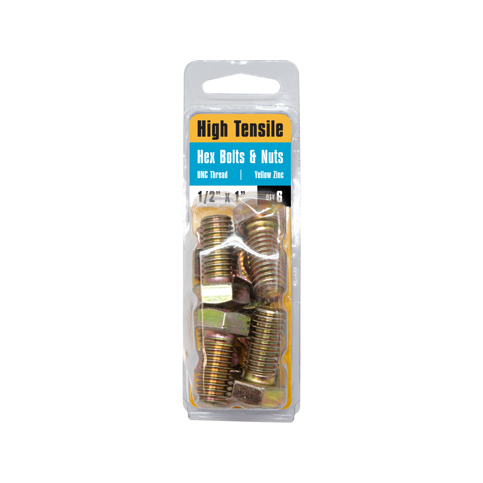 Pinnacle Hardware 1/2 x 1" Yellow Zinc Hi Tensile Hex Bolt and Nut 6 Pack