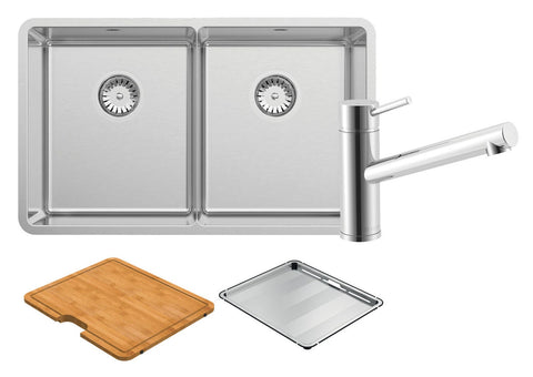 Abey Lucia double bowl 304 stainless steel sink pack with cutting board and DTA16 - satin - LUA200T