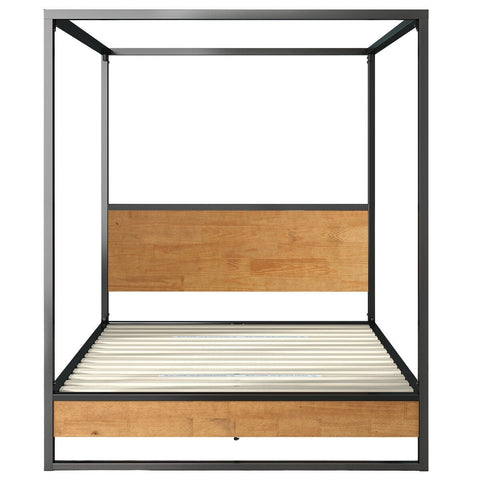 Zinus Ironline Queen canopy bed frame - black steel with wood accents, non-slip slats - AU-IRPBHC-14Q