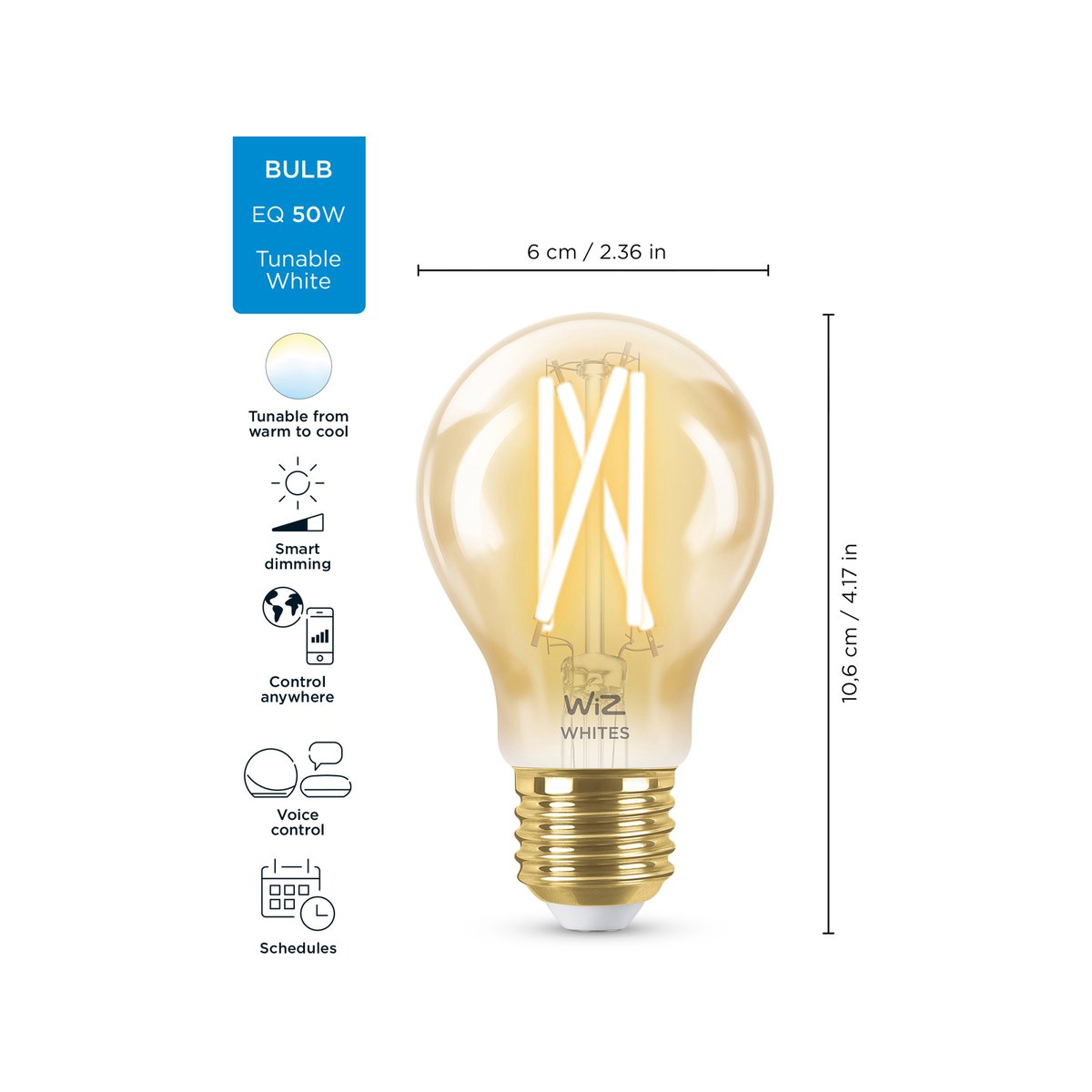 WiZ A60 E27 LED 720lm 6.5W Tuneable White Smart Filament Globe (929003017401)