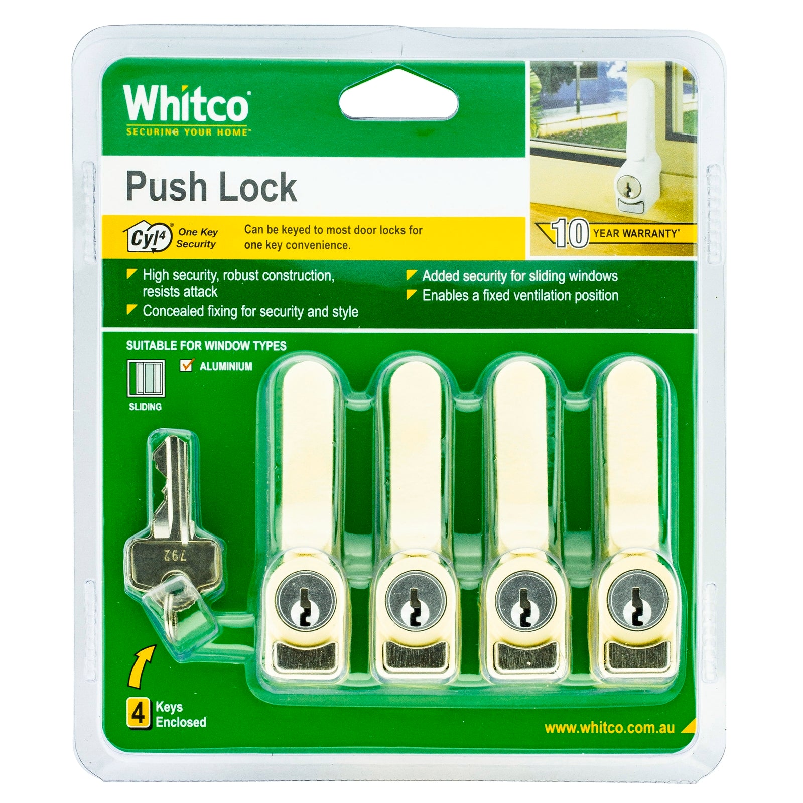 Whitco 4 Pack Sliding Window Push Lock - Primrose Zinc Diecast
