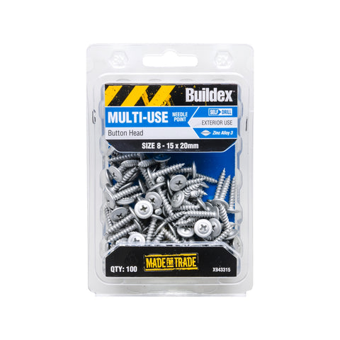 Buildex 8-15 x 20mm Galvanised Button Head Needle Point Screws - 100 Pack