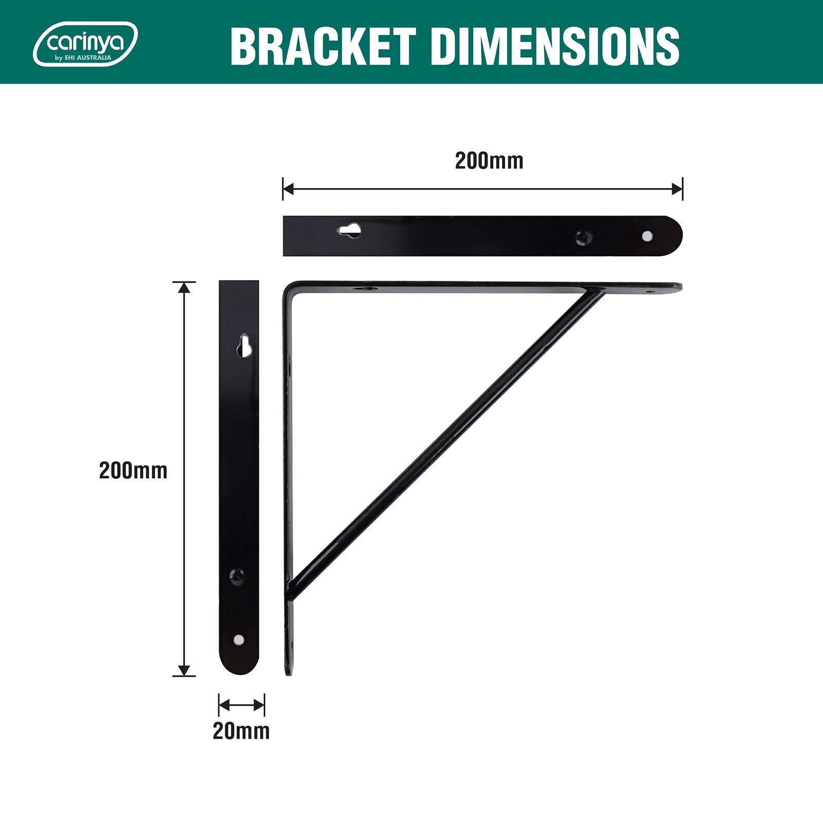 Carinya 200 x 200mm Black Powder Coated Steel Studio Stayed Bracket 125kg